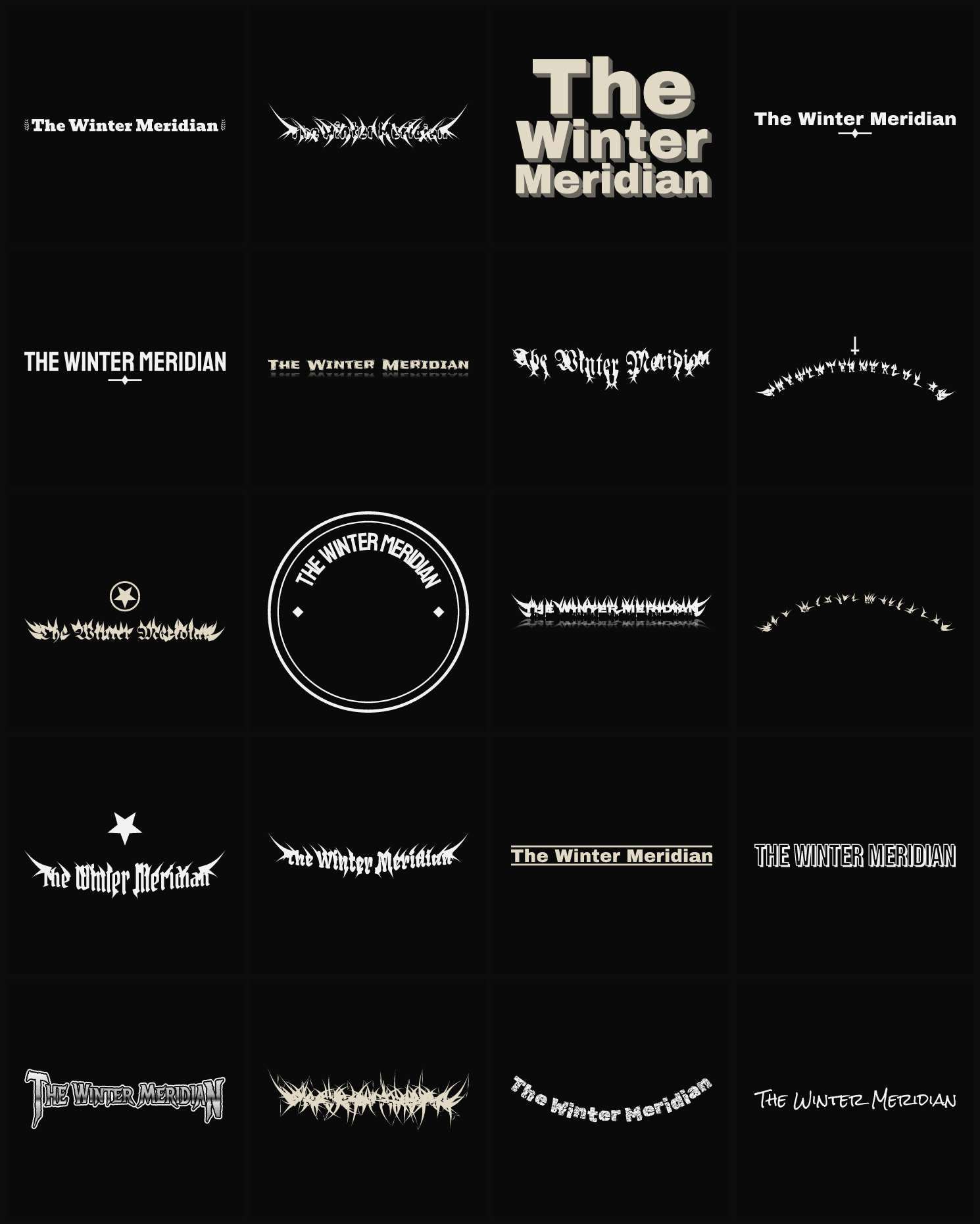 Twenty The Winter Meridian band logo ideas — different faces, treatments and spike settings