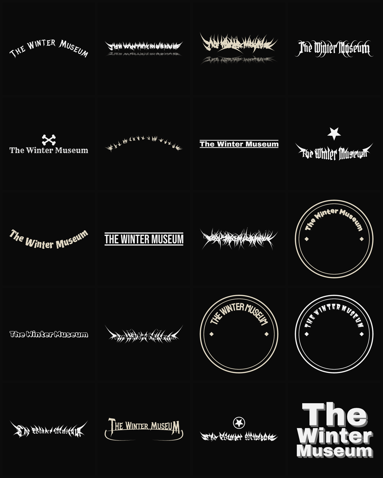 Twenty The Winter Museum band logo ideas — different faces, treatments and spike settings