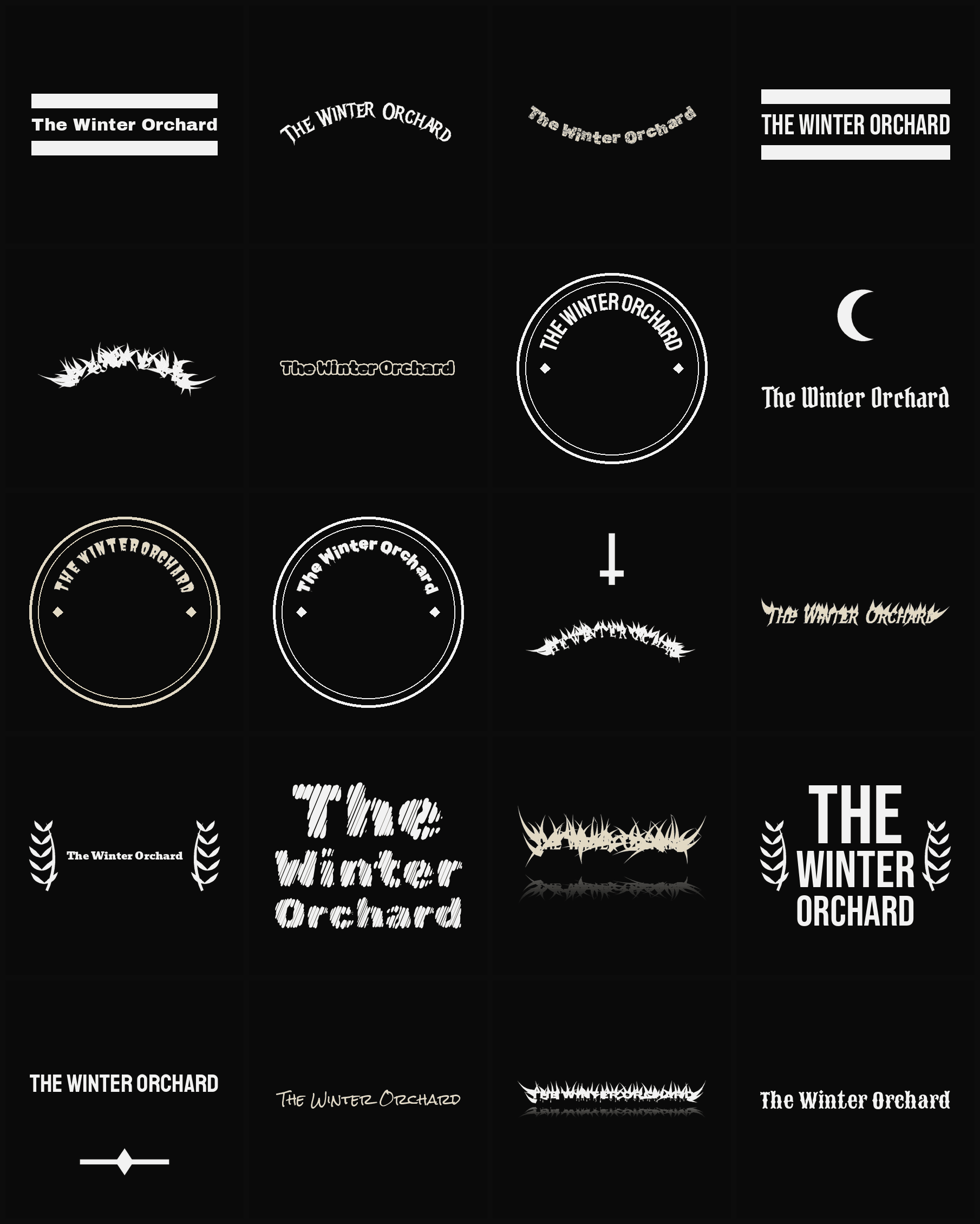 Twenty The Winter Orchard band logo ideas — different faces, treatments and spike settings