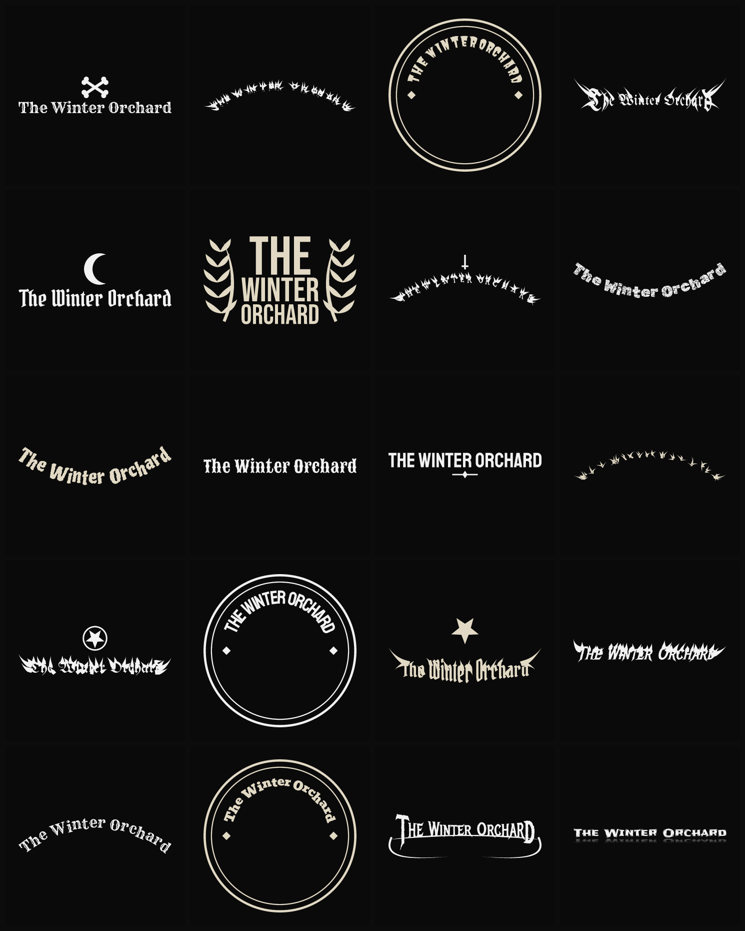 Twenty The Winter Orchard band logo ideas — different faces, treatments and spike settings