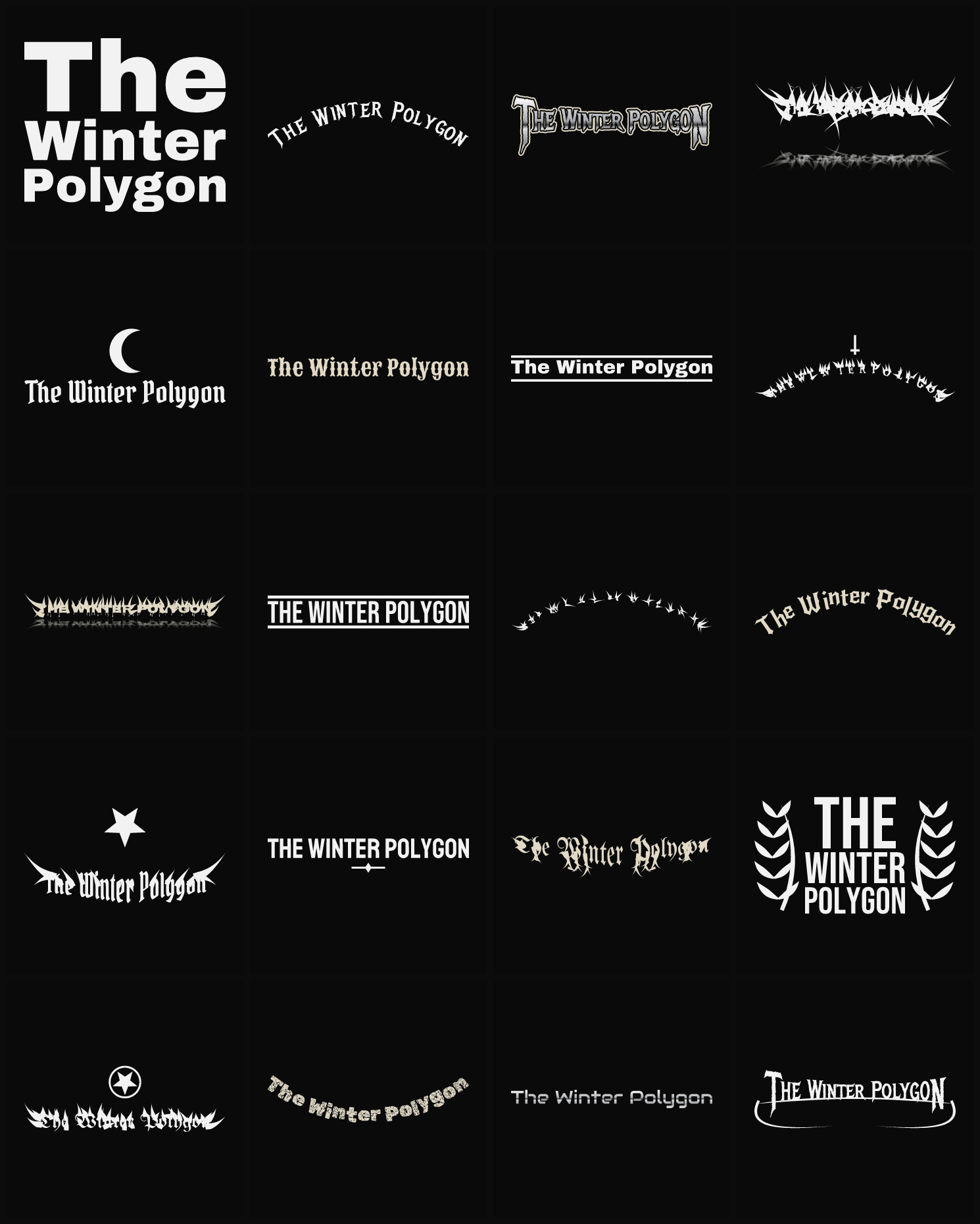 Twenty The Winter Polygon band logo ideas — different faces, treatments and spike settings