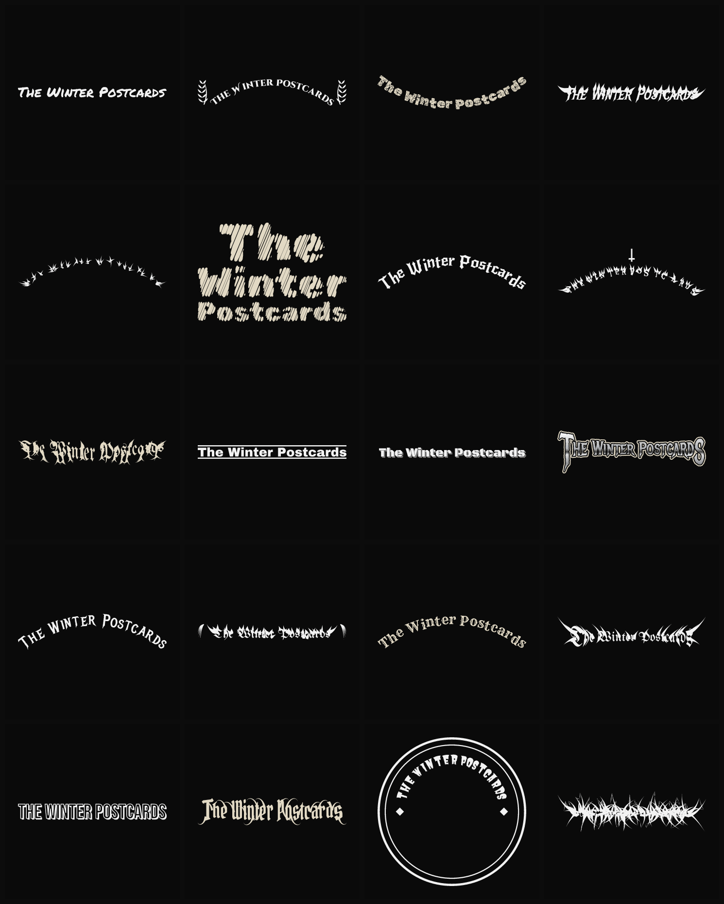 Twenty The Winter Postcards band logo ideas — different faces, treatments and spike settings