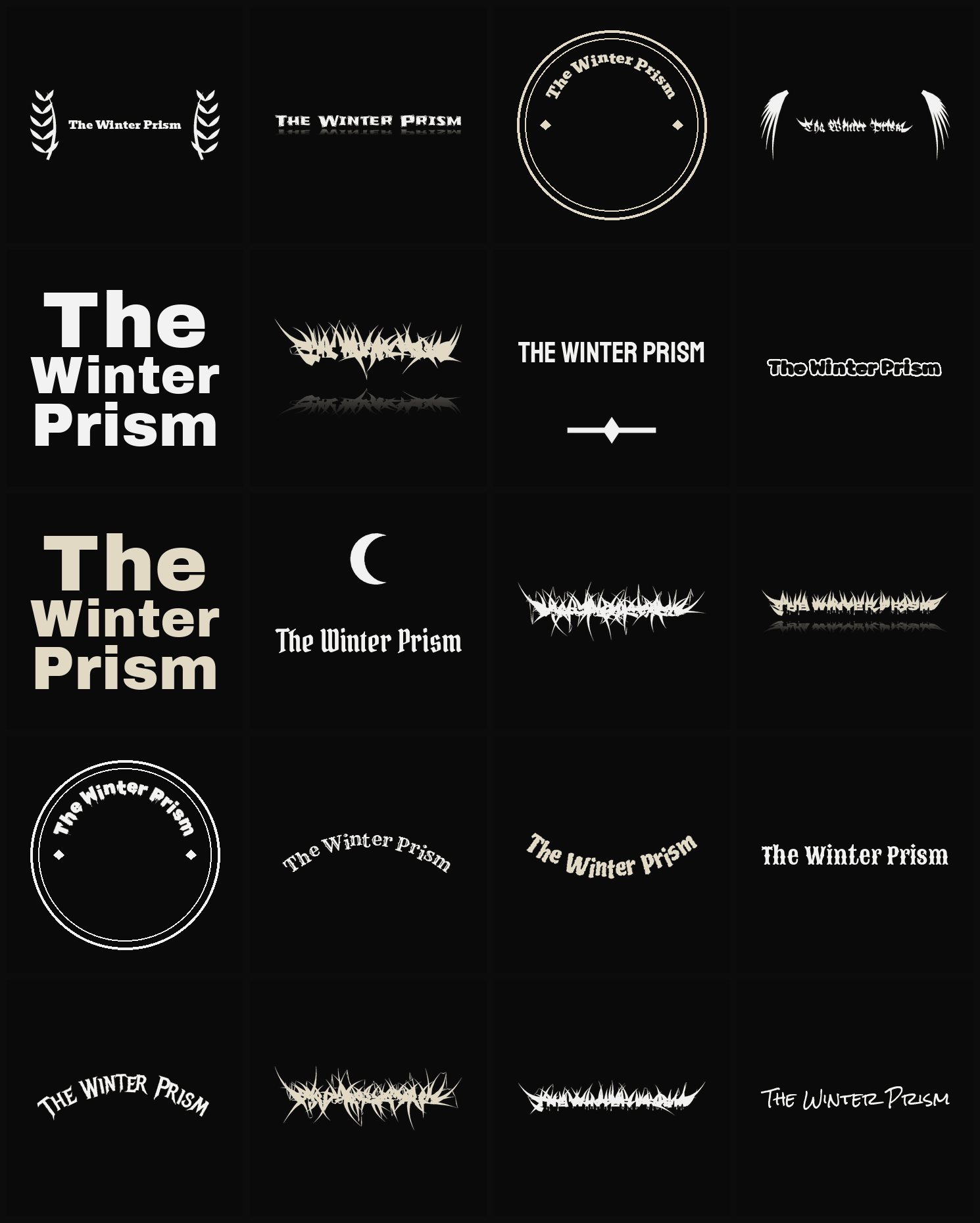 Twenty The Winter Prism band logo ideas — different faces, treatments and spike settings