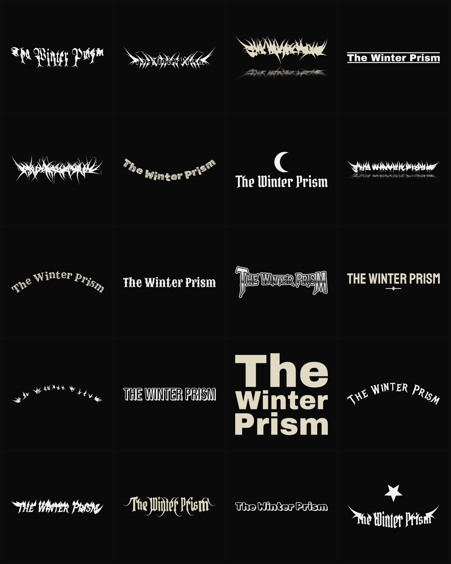 Twenty The Winter Prism band logo ideas — different faces, treatments and spike settings