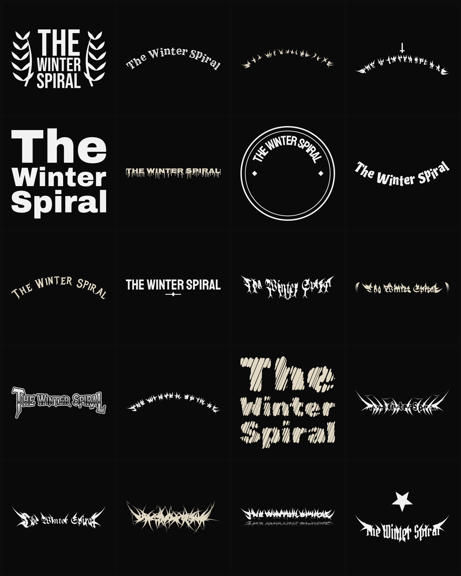 Twenty The Winter Spiral band logo ideas — different faces, treatments and spike settings