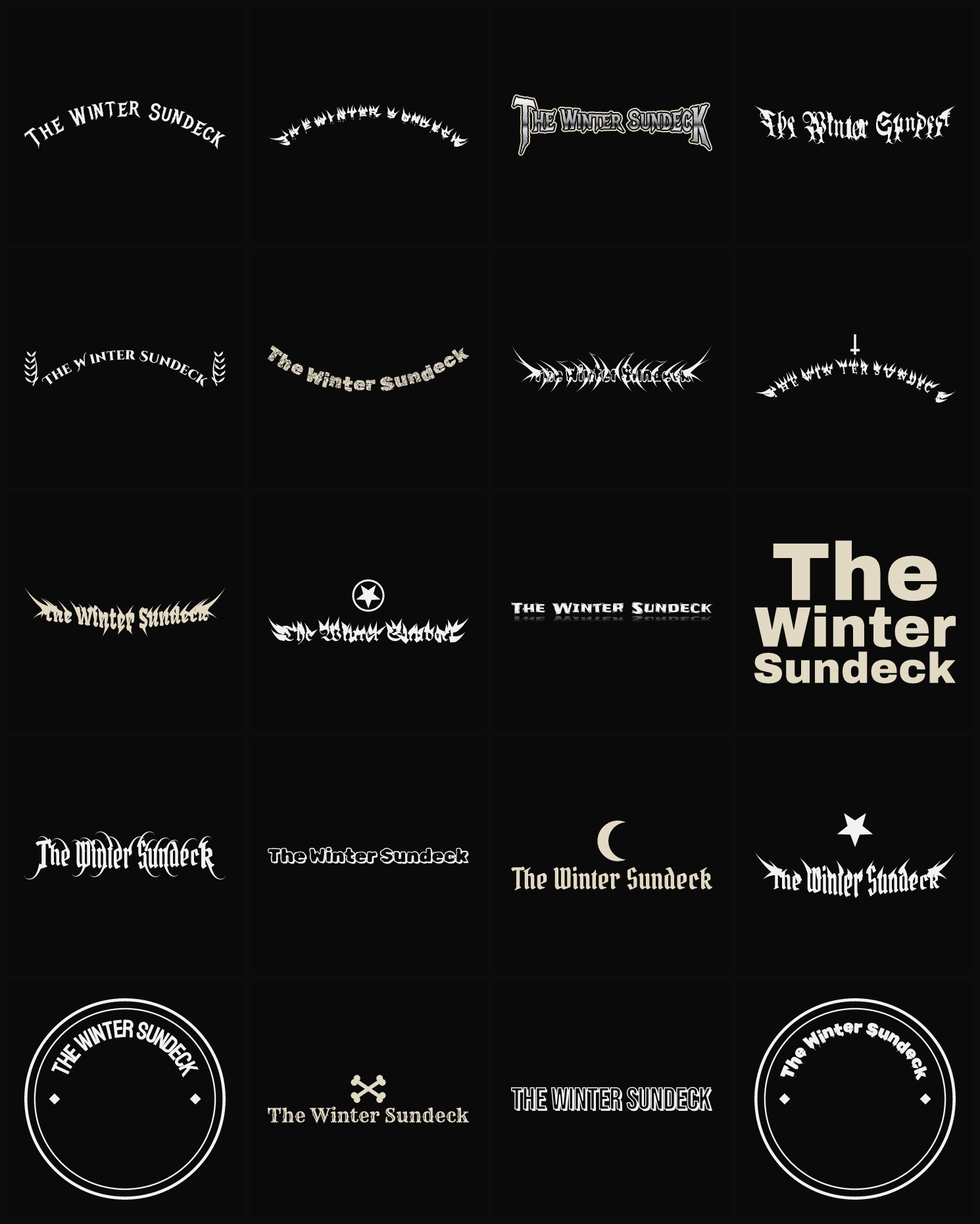Twenty The Winter Sundeck band logo ideas — different faces, treatments and spike settings