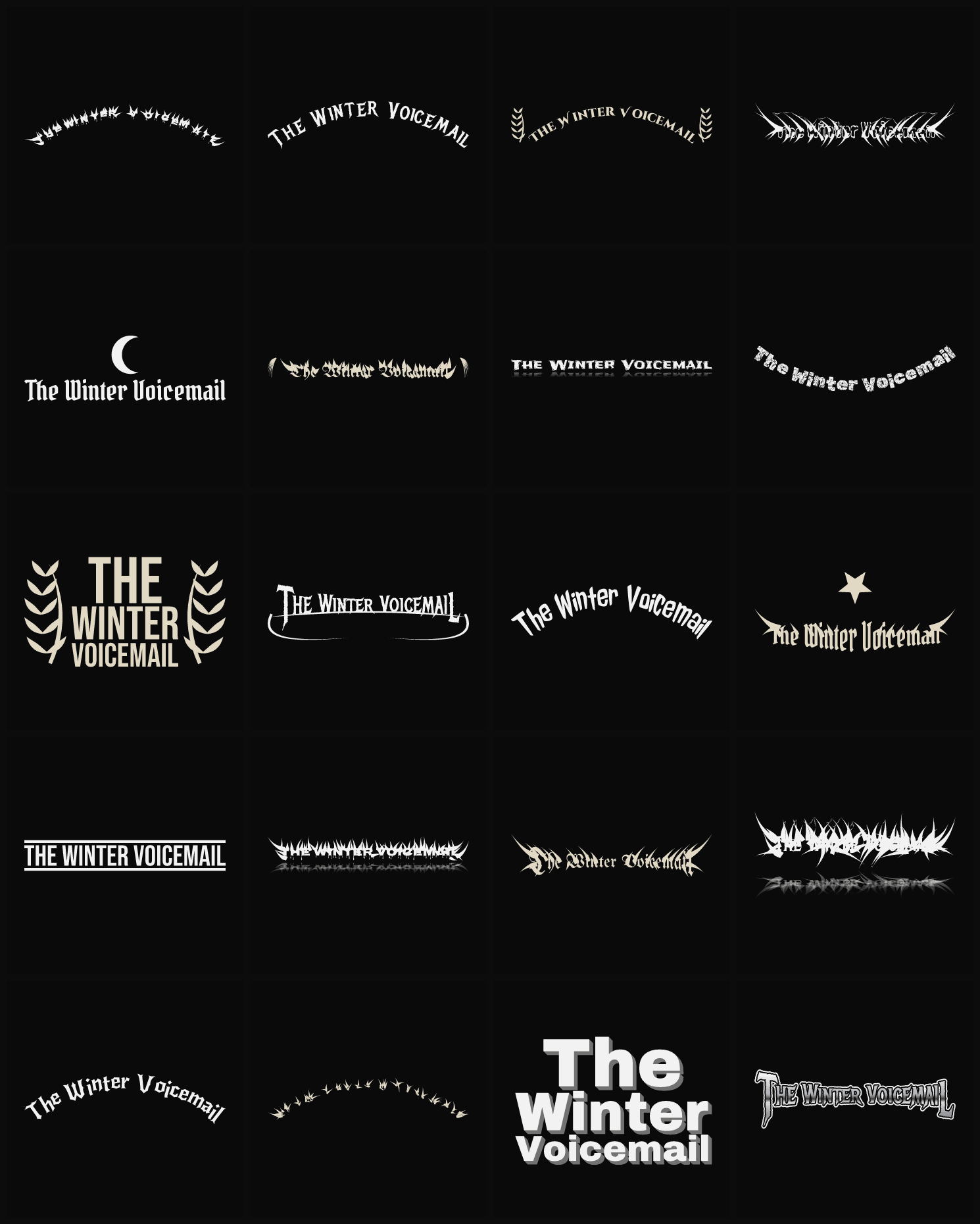 Twenty The Winter Voicemail band logo ideas — different faces, treatments and spike settings