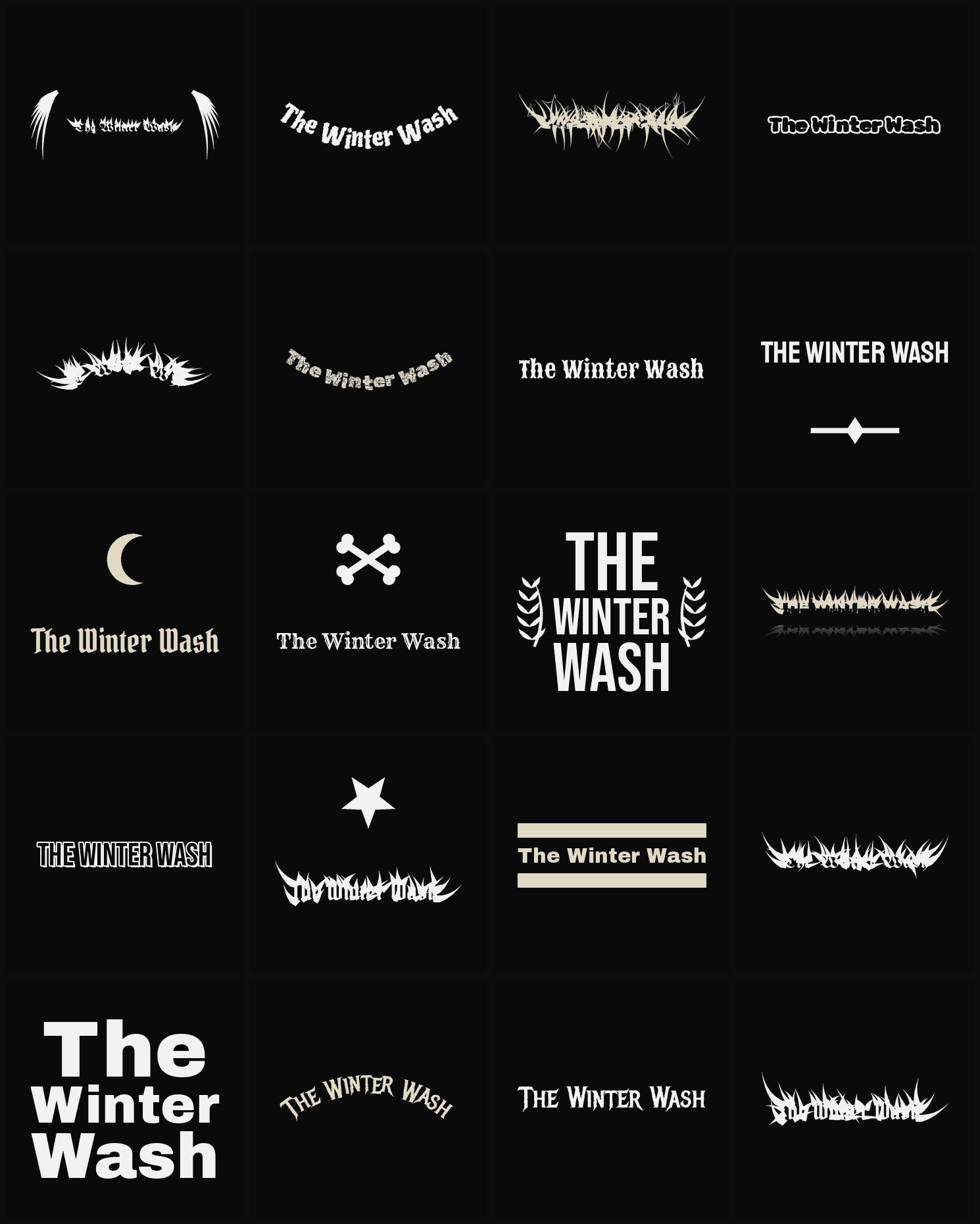 Twenty The Winter Wash band logo ideas — different faces, treatments and spike settings