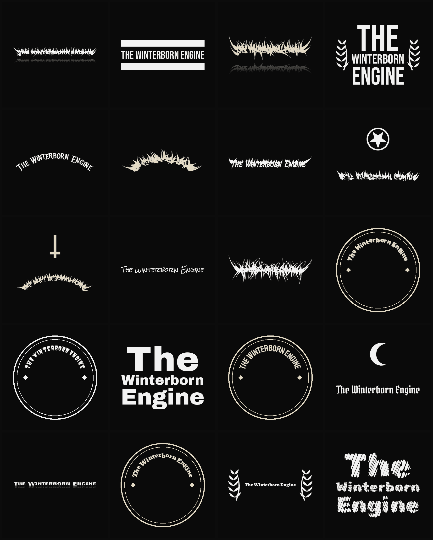 Twenty The Winterborn Engine band logo ideas — different faces, treatments and spike settings