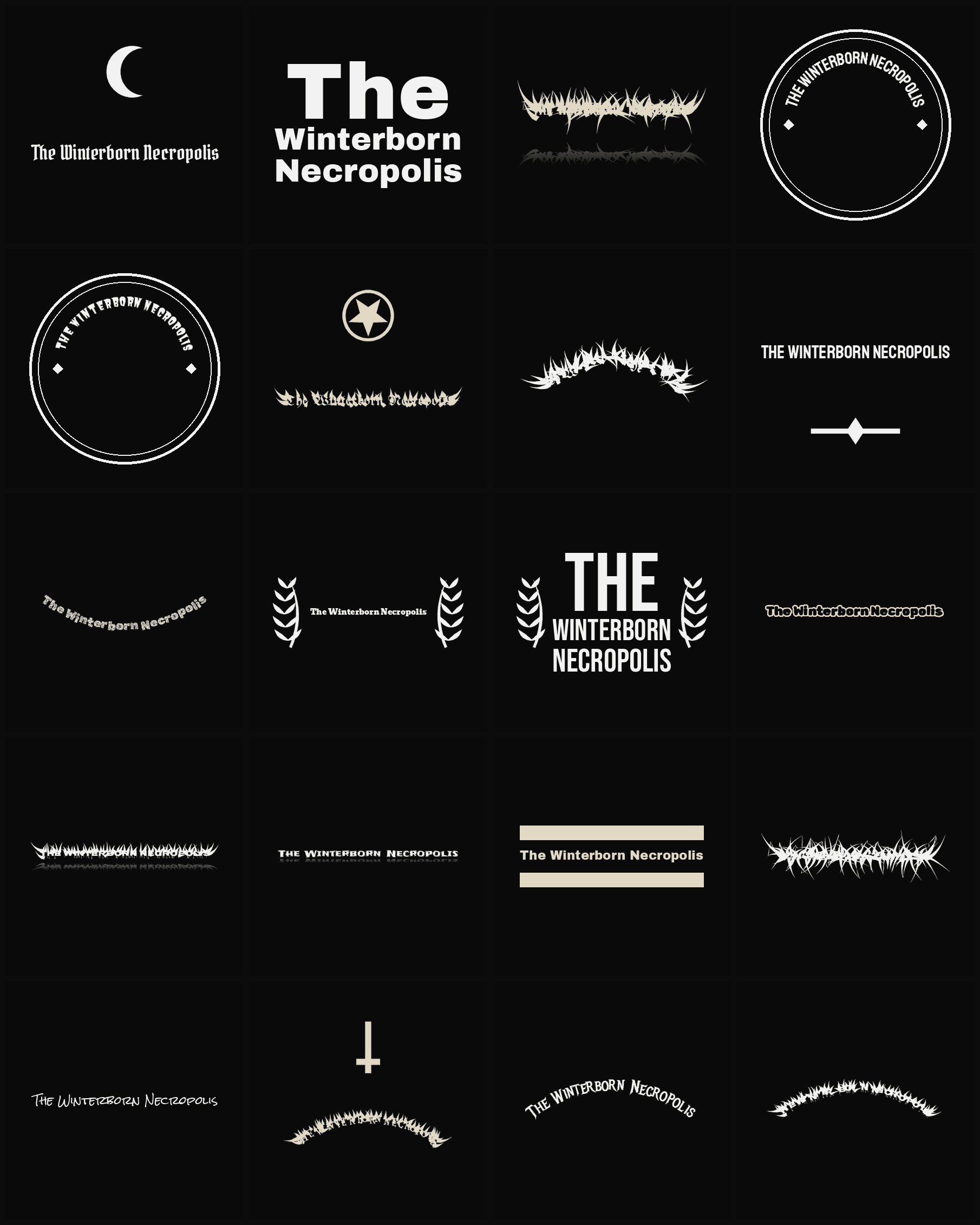 Twenty The Winterborn Necropolis band logo ideas — different faces, treatments and spike settings