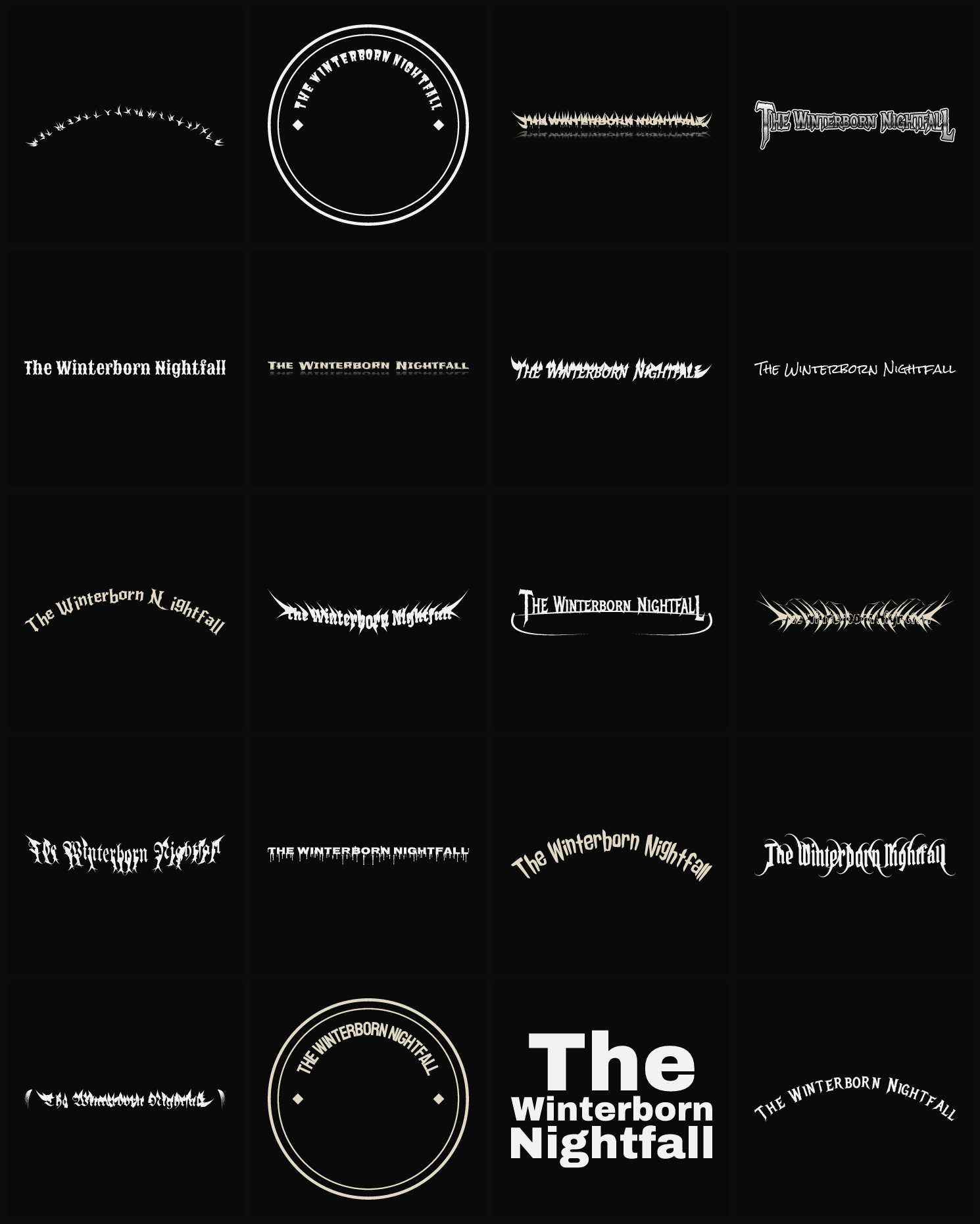 Twenty The Winterborn Nightfall band logo ideas — different faces, treatments and spike settings