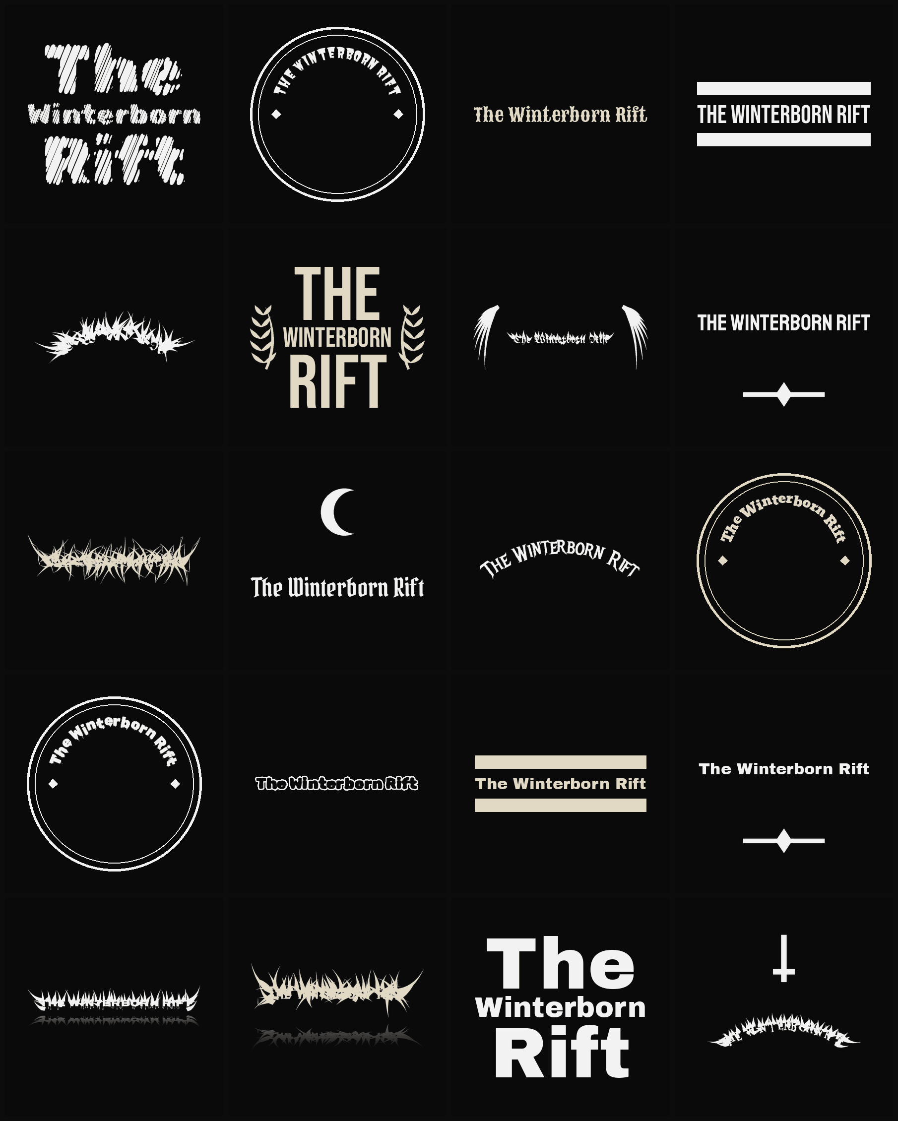 Twenty The Winterborn Rift band logo ideas — different faces, treatments and spike settings