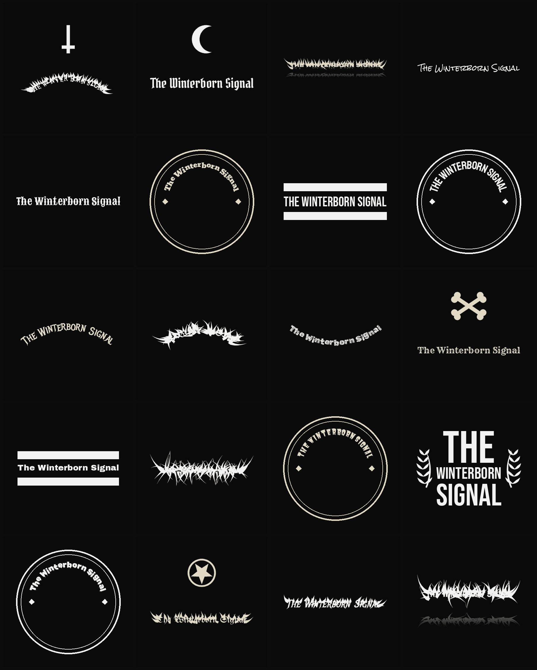 Twenty The Winterborn Signal band logo ideas — different faces, treatments and spike settings
