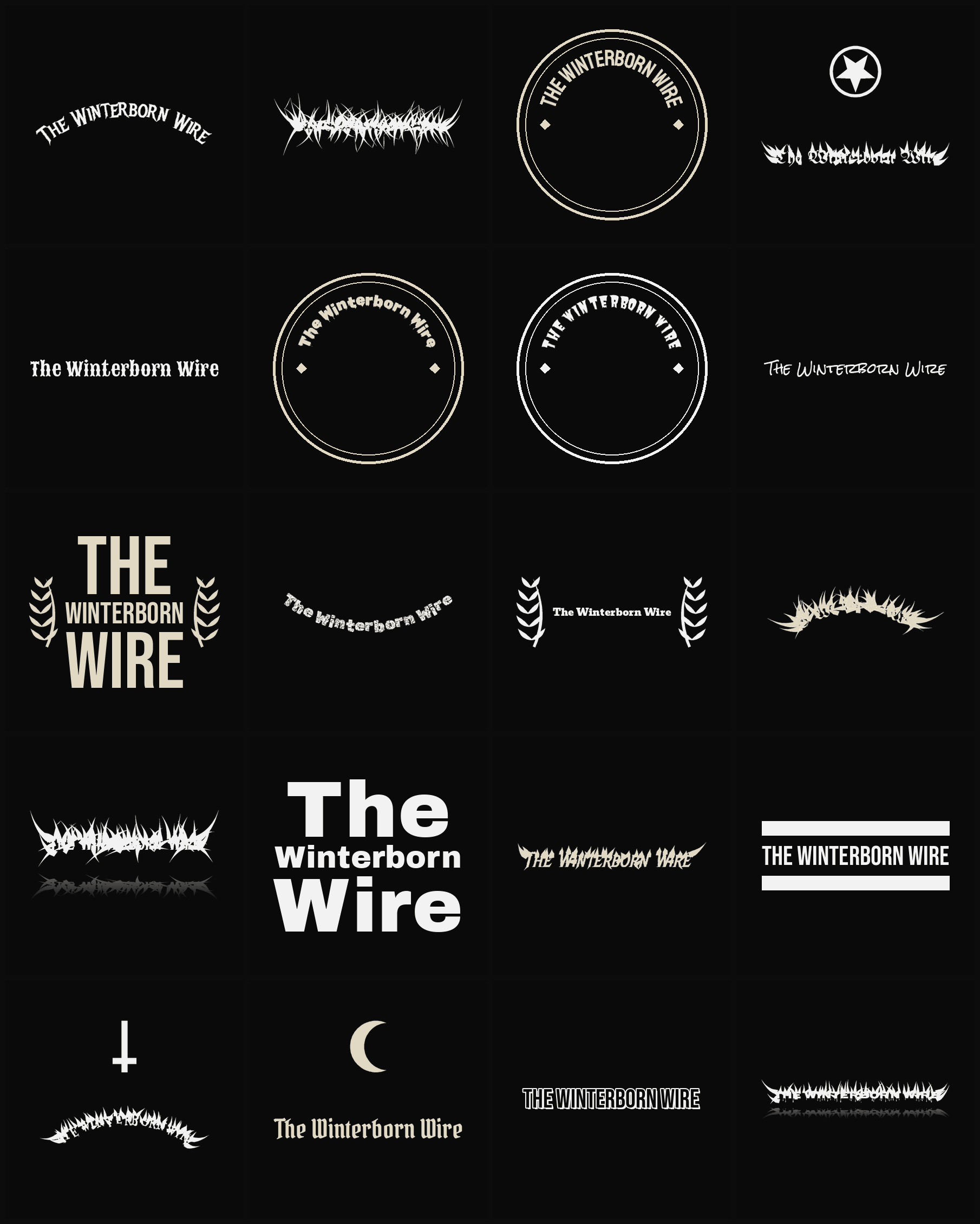 Twenty The Winterborn Wire band logo ideas — different faces, treatments and spike settings