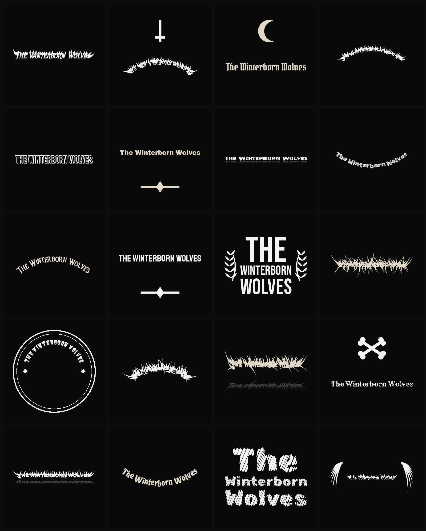 Twenty The Winterborn Wolves band logo ideas — different faces, treatments and spike settings