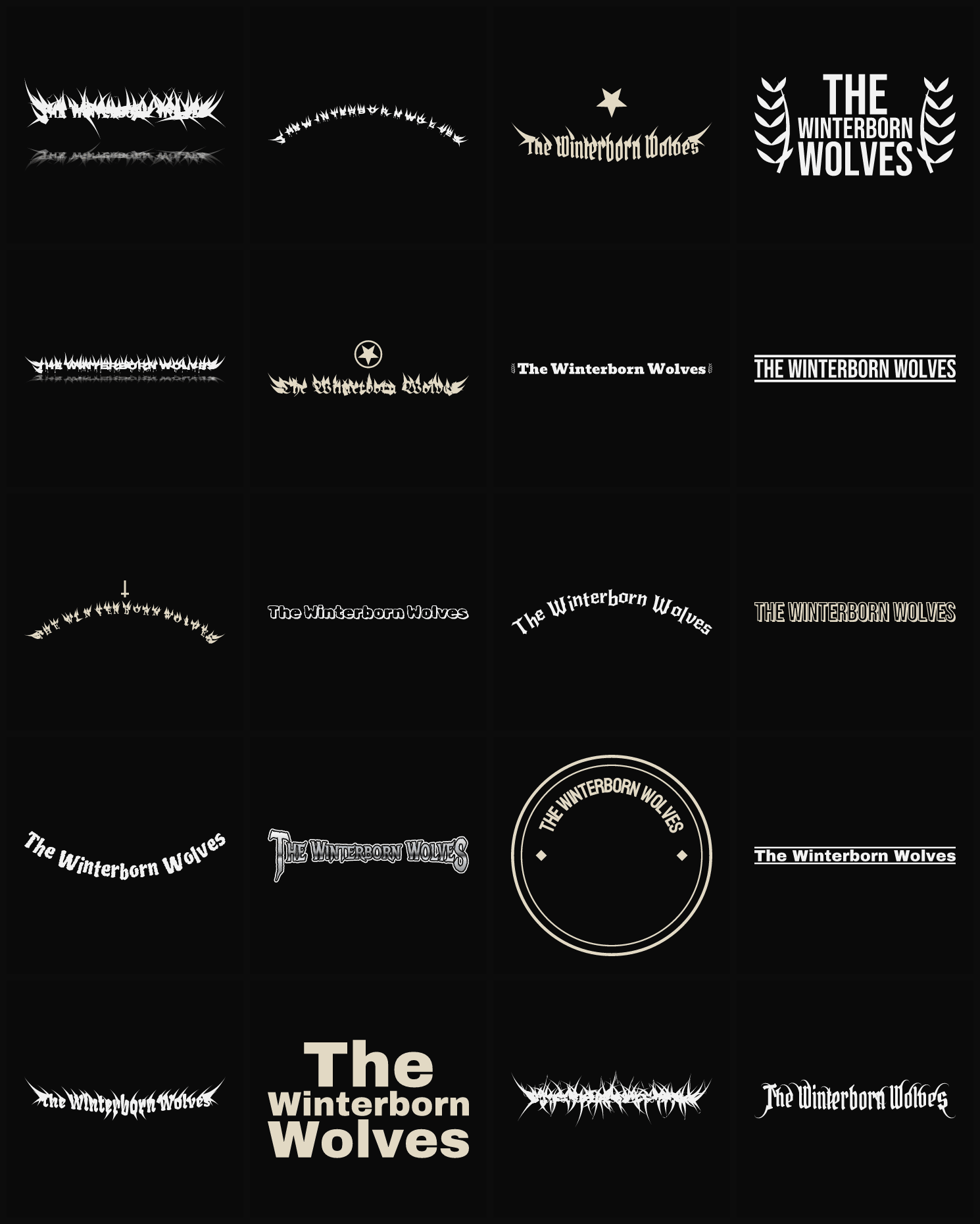Twenty The Winterborn Wolves band logo ideas — different faces, treatments and spike settings
