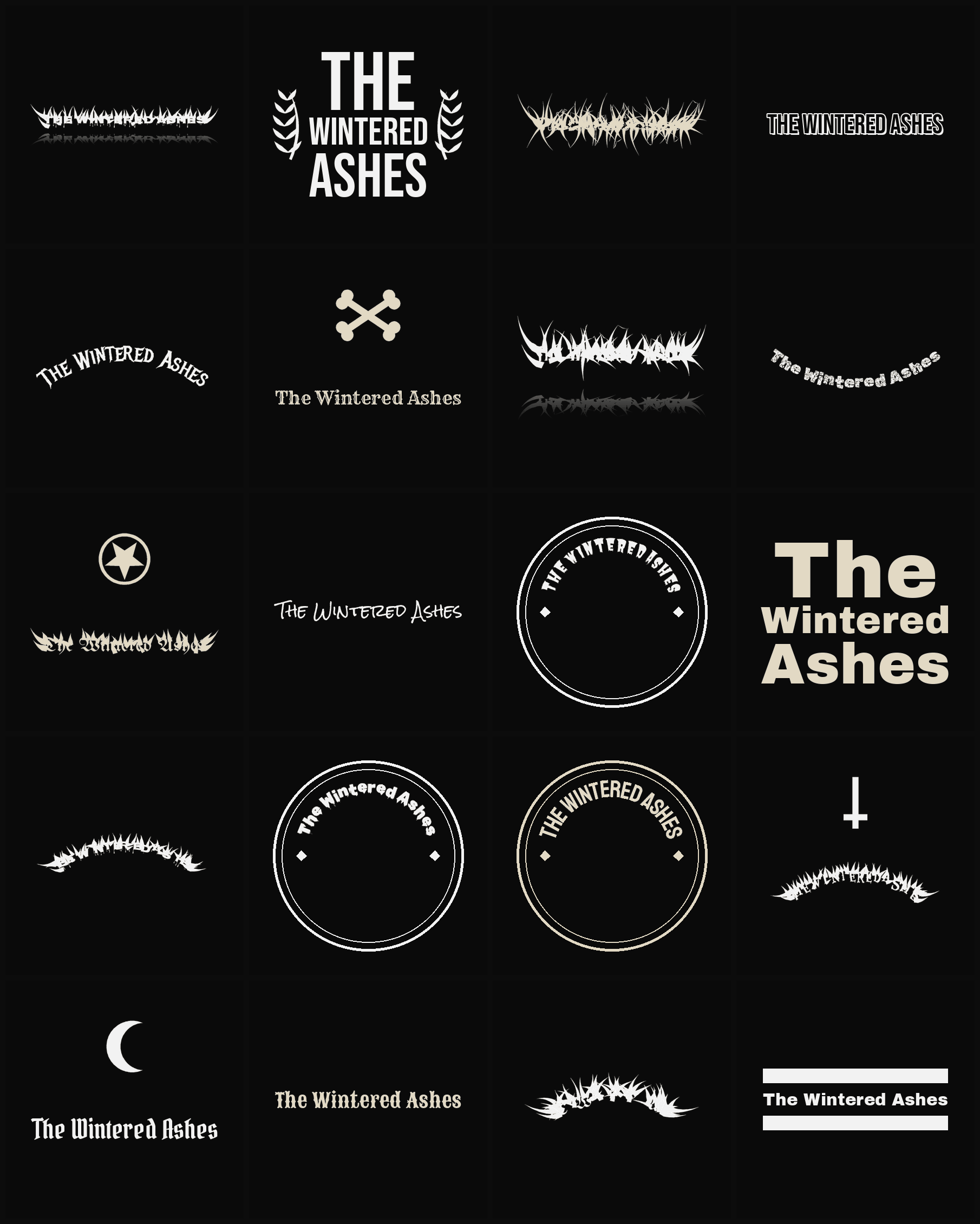 Twenty The Wintered Ashes band logo ideas — different faces, treatments and spike settings