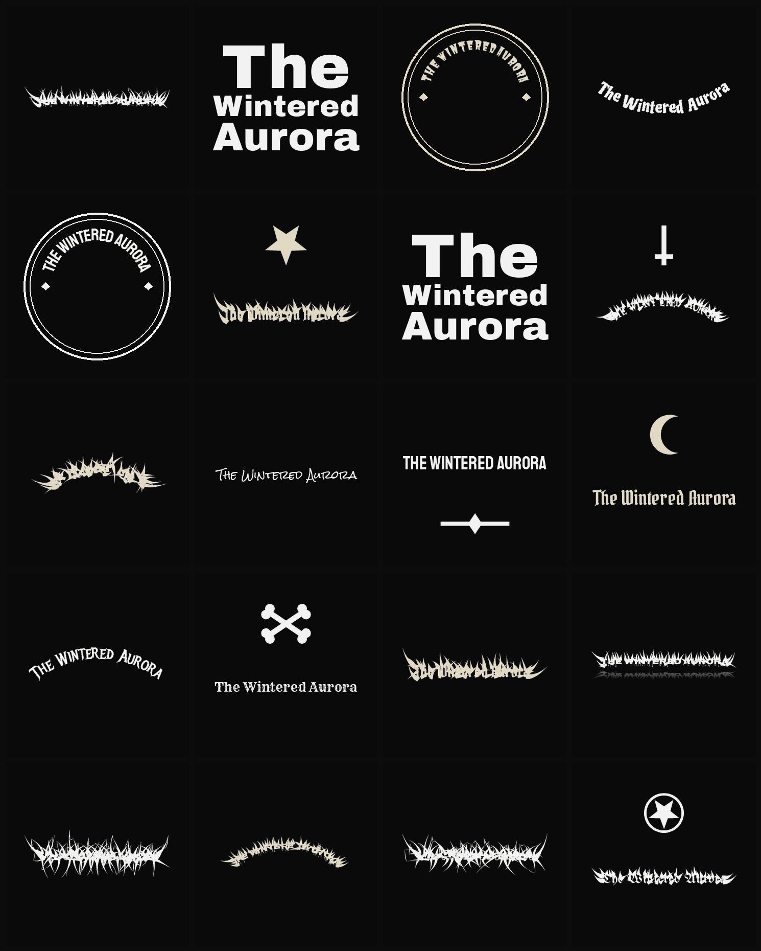 Twenty The Wintered Aurora band logo ideas — different faces, treatments and spike settings
