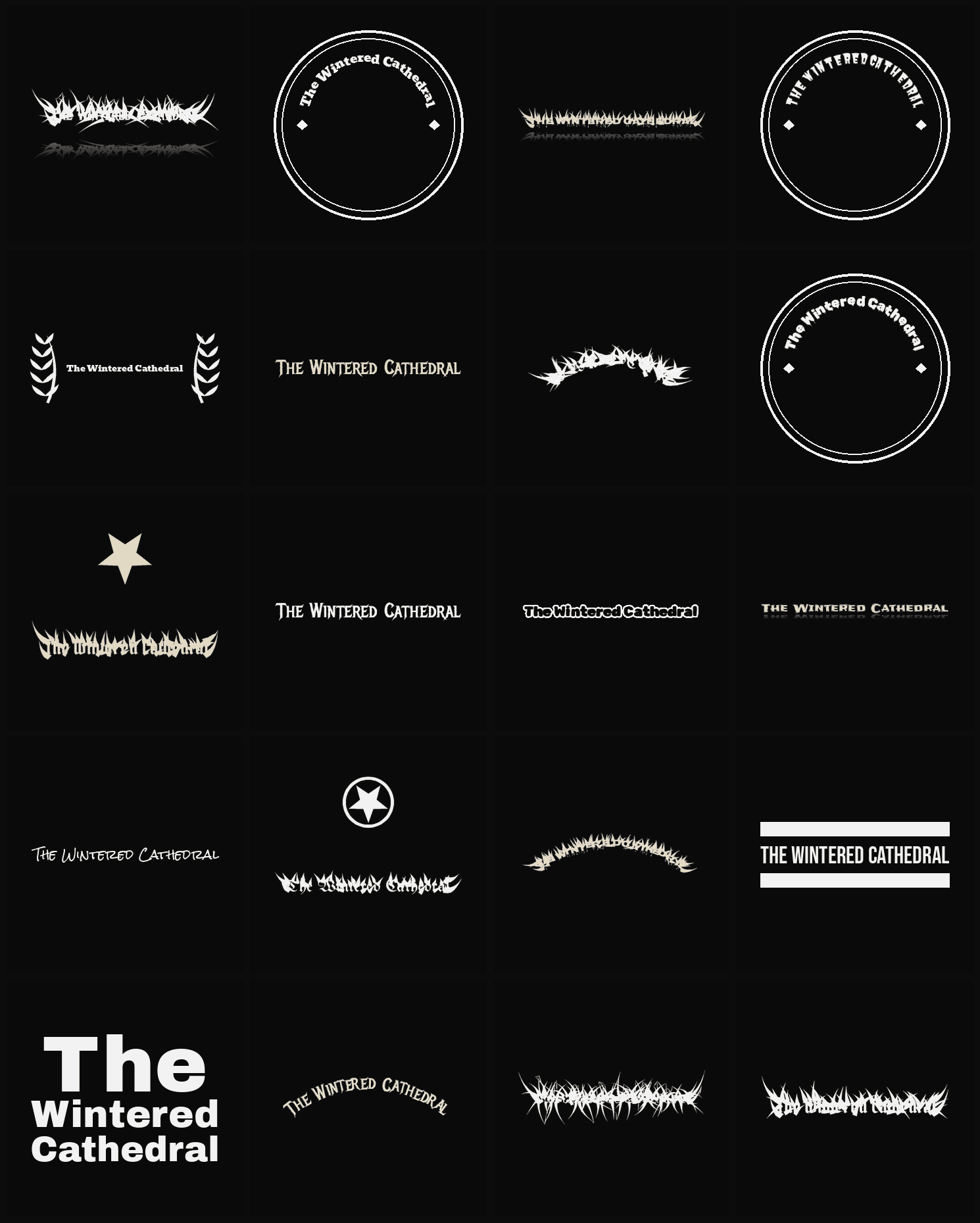 Twenty The Wintered Cathedral band logo ideas — different faces, treatments and spike settings