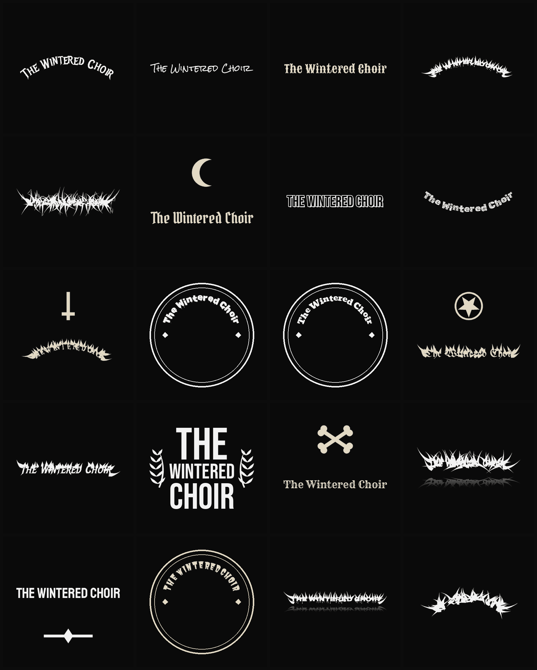 Twenty The Wintered Choir band logo ideas — different faces, treatments and spike settings