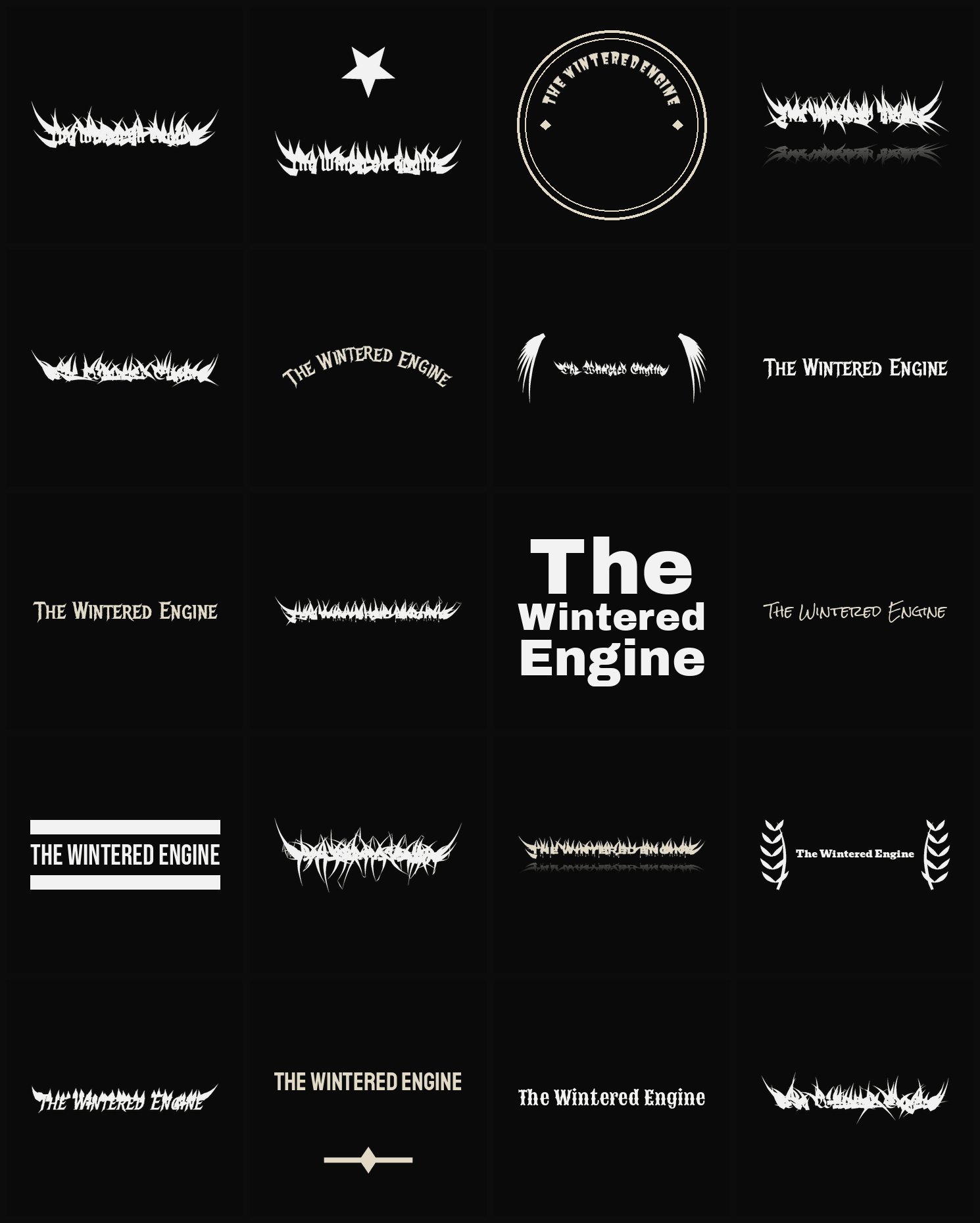 Twenty The Wintered Engine band logo ideas — different faces, treatments and spike settings