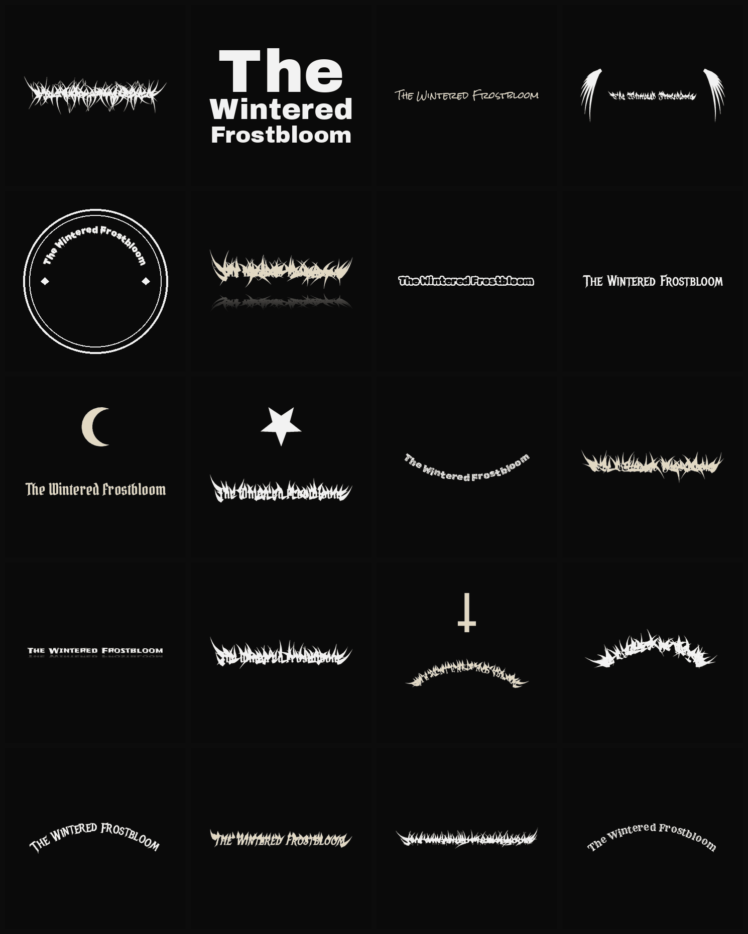 Twenty The Wintered Frostbloom band logo ideas — different faces, treatments and spike settings