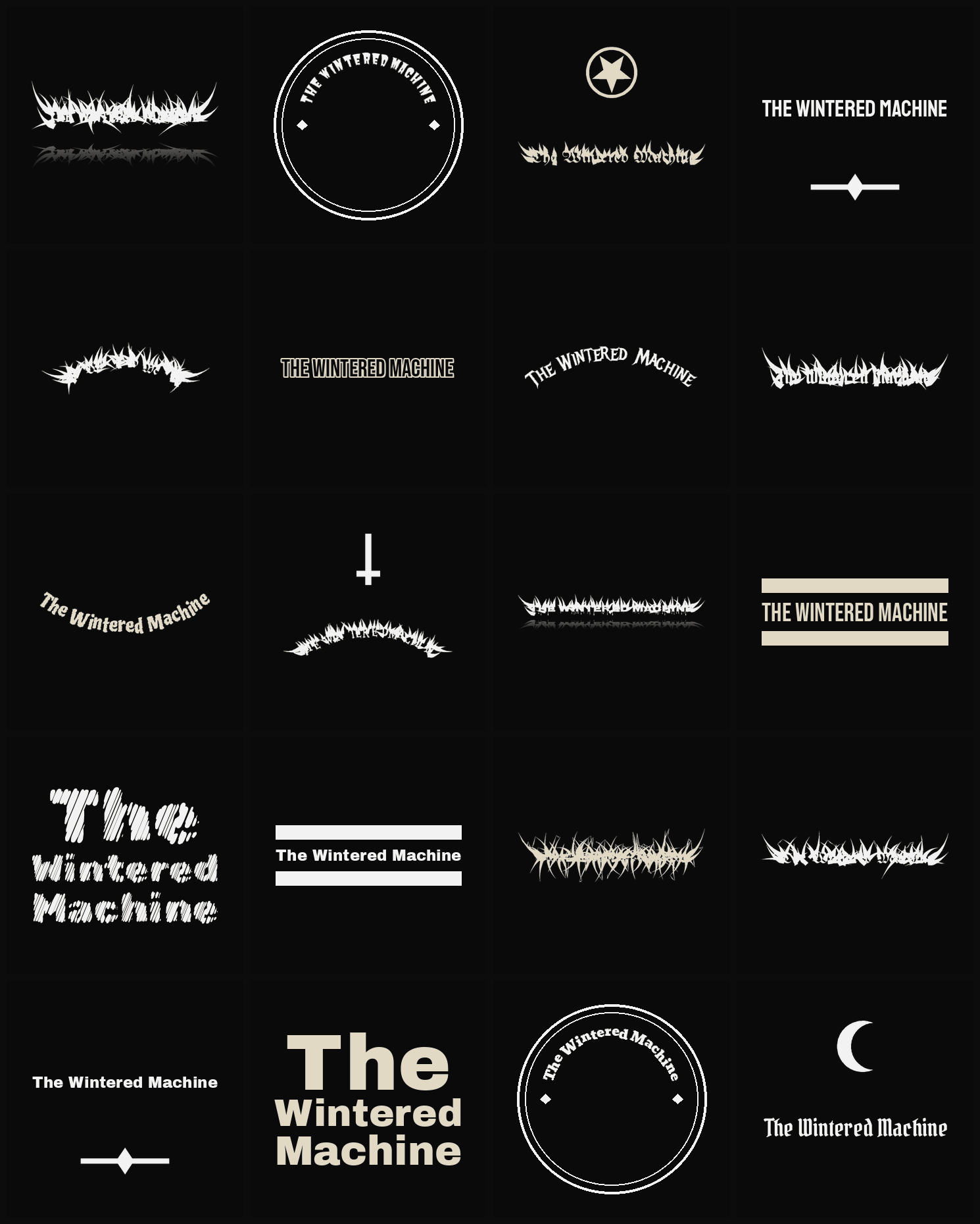 Twenty The Wintered Machine band logo ideas — different faces, treatments and spike settings