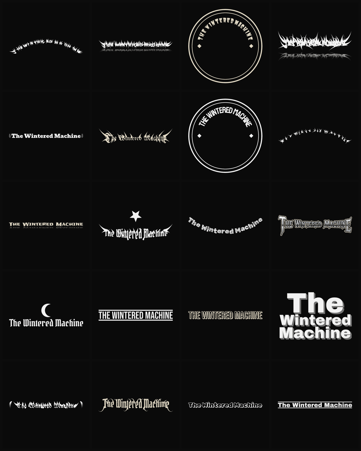 Twenty The Wintered Machine band logo ideas — different faces, treatments and spike settings