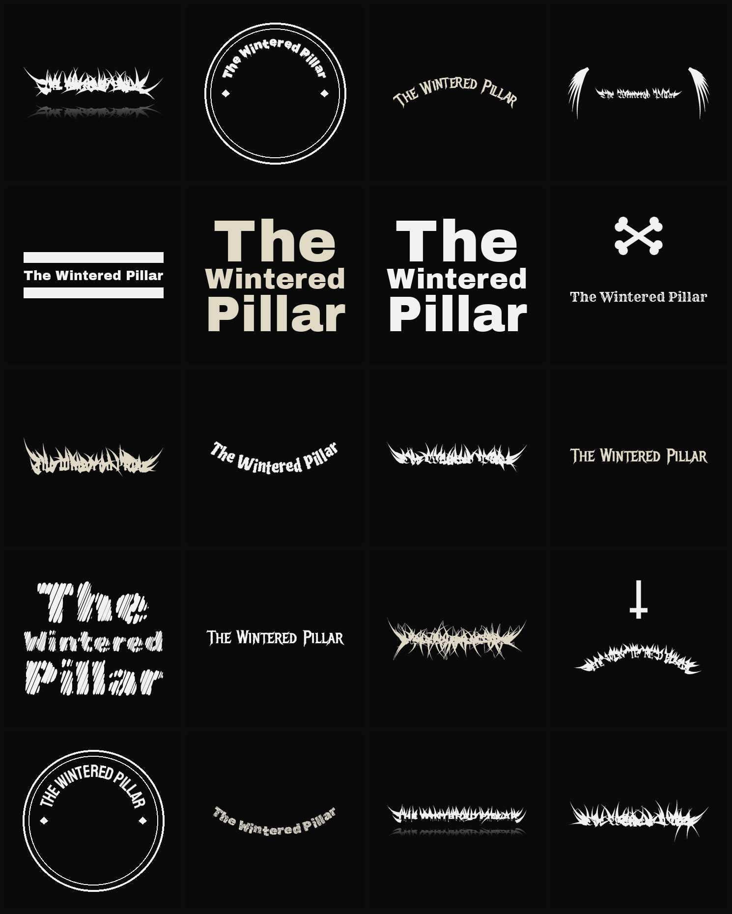 Twenty The Wintered Pillar band logo ideas — different faces, treatments and spike settings