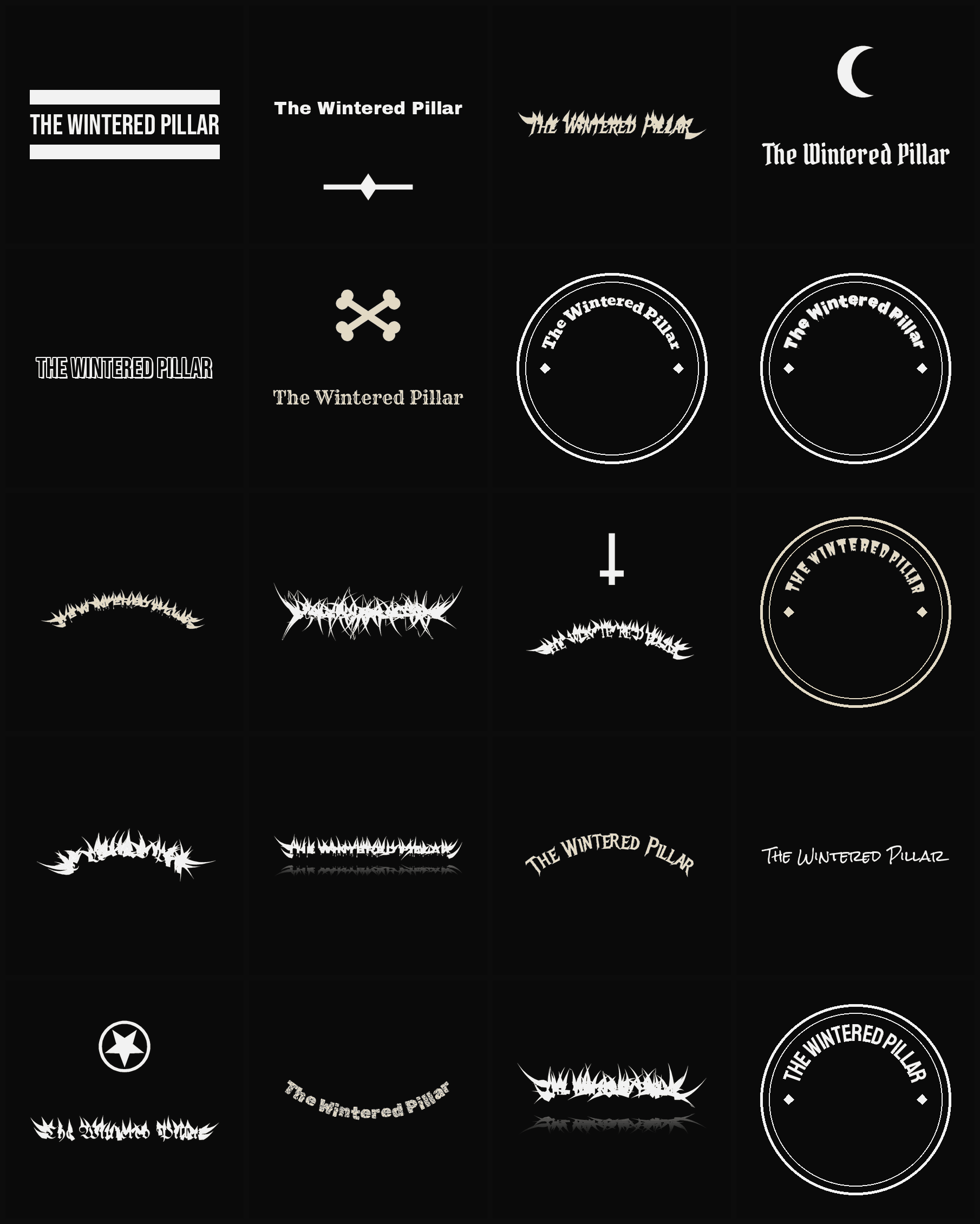 Twenty The Wintered Pillar band logo ideas — different faces, treatments and spike settings