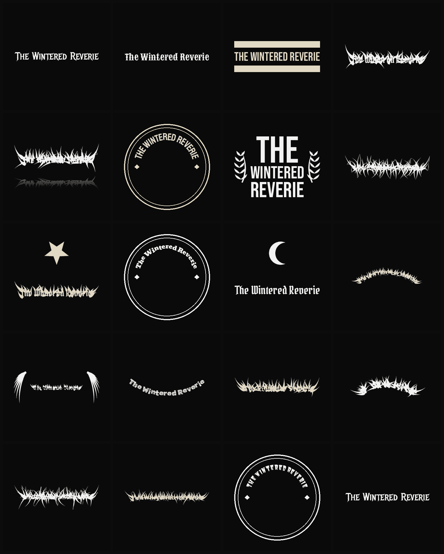 Twenty The Wintered Reverie band logo ideas — different faces, treatments and spike settings