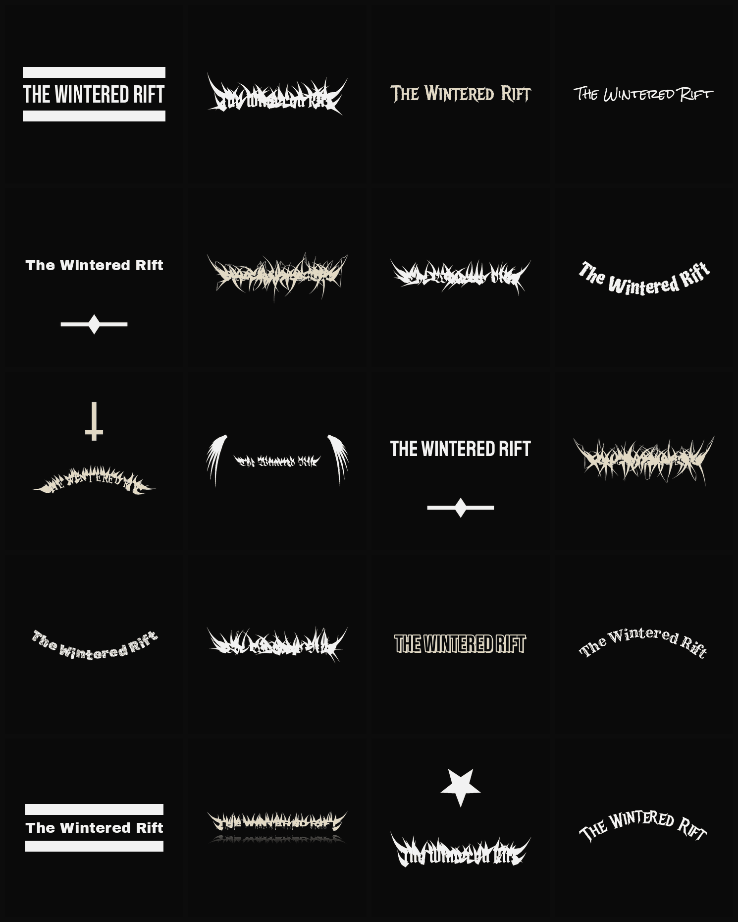 Twenty The Wintered Rift band logo ideas — different faces, treatments and spike settings