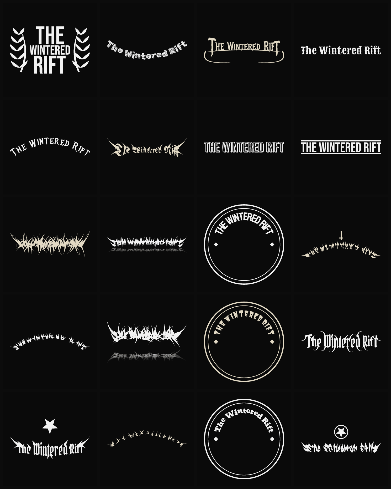 Twenty The Wintered Rift band logo ideas — different faces, treatments and spike settings