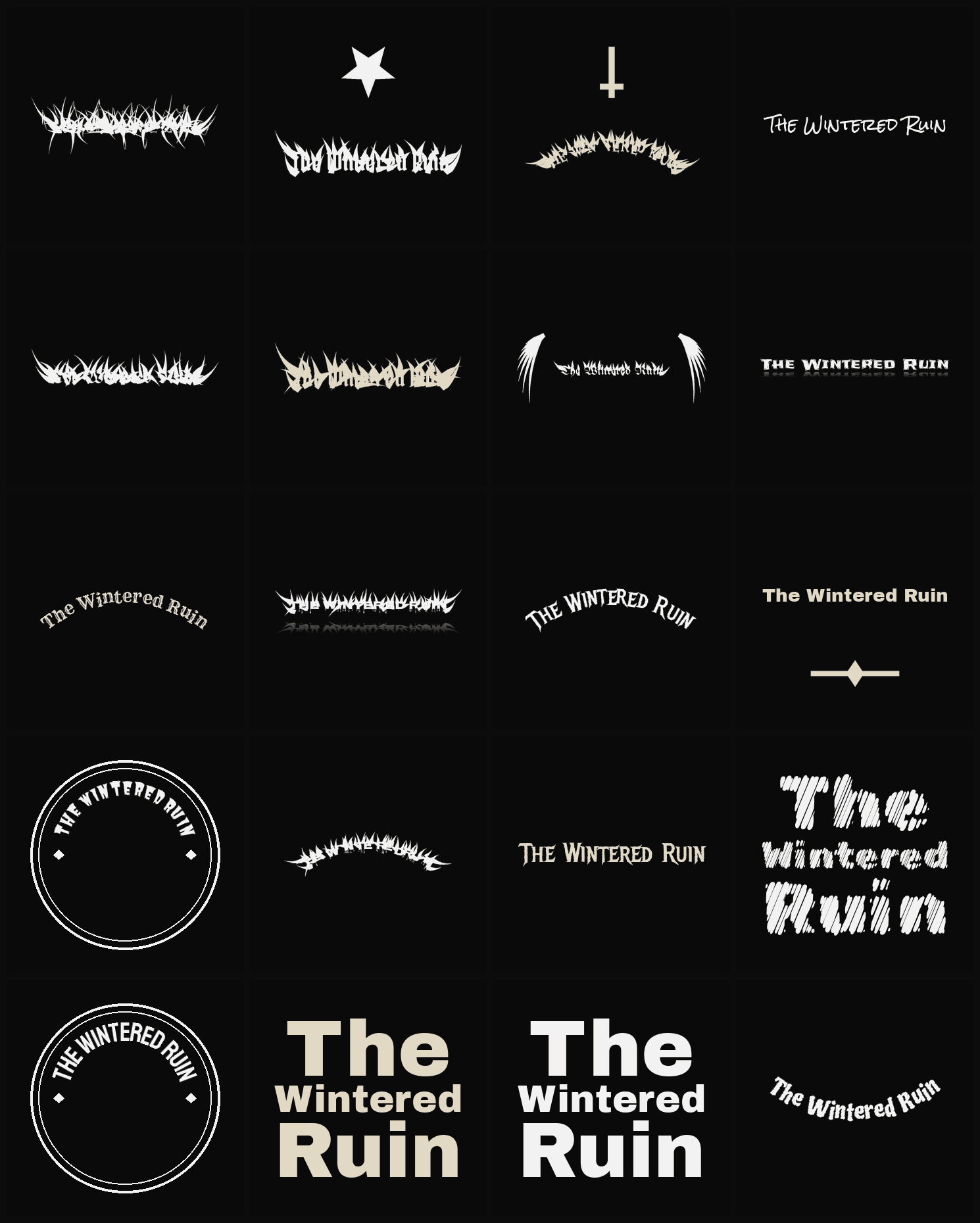 Twenty The Wintered Ruin band logo ideas — different faces, treatments and spike settings