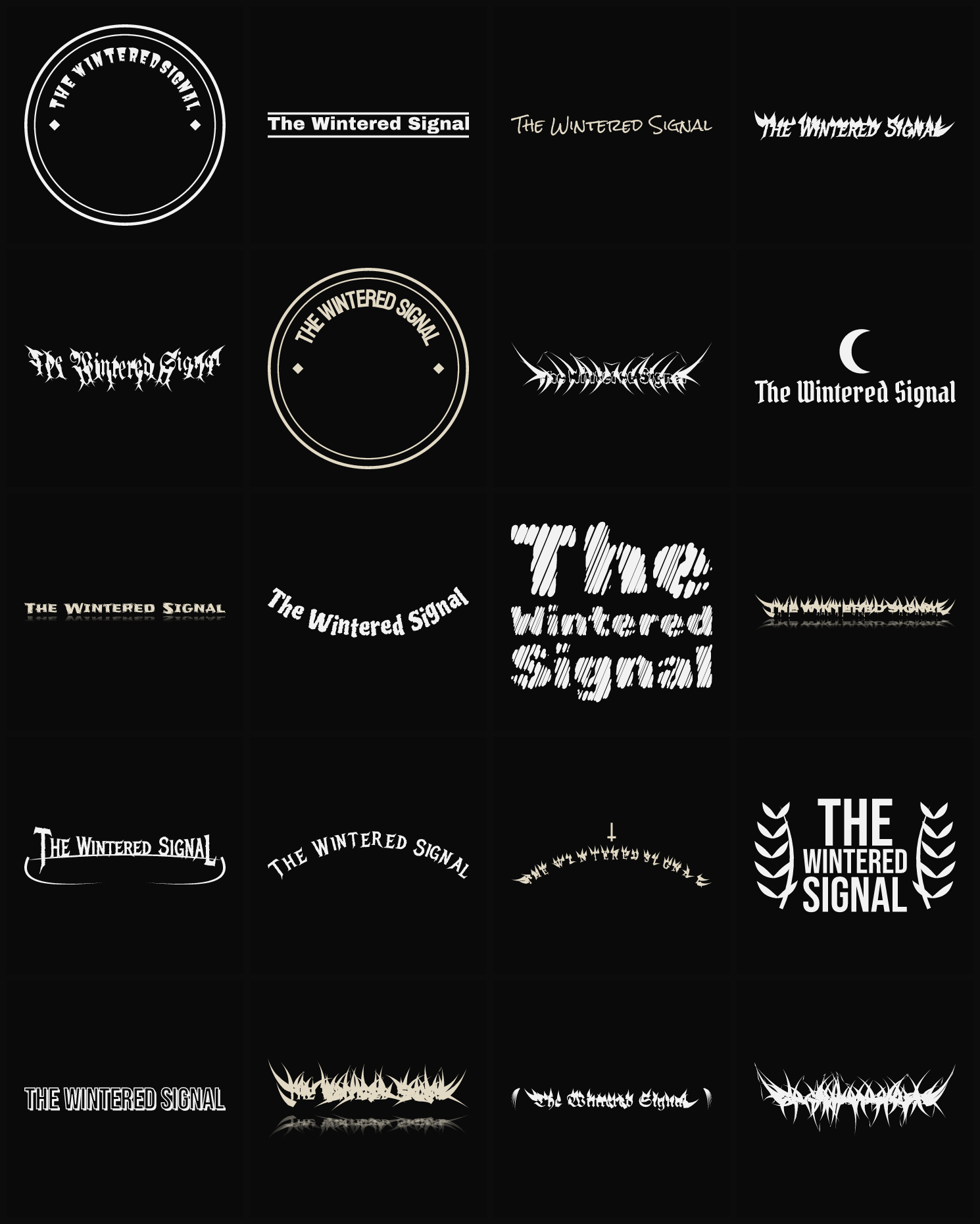Twenty The Wintered Signal band logo ideas — different faces, treatments and spike settings