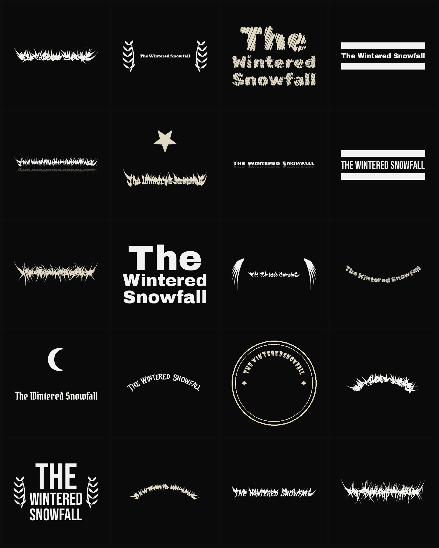 Twenty The Wintered Snowfall band logo ideas — different faces, treatments and spike settings