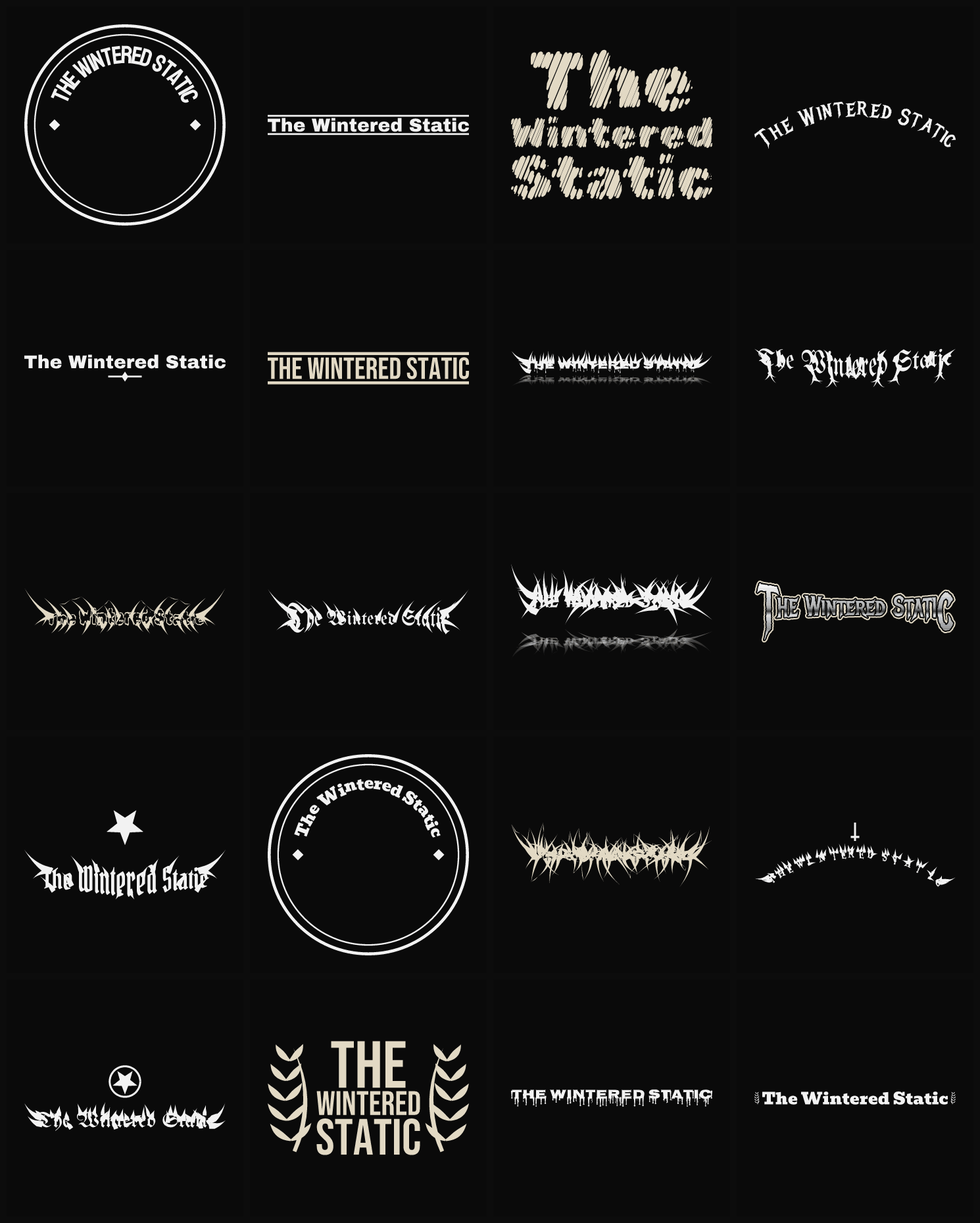 Twenty The Wintered Static band logo ideas — different faces, treatments and spike settings