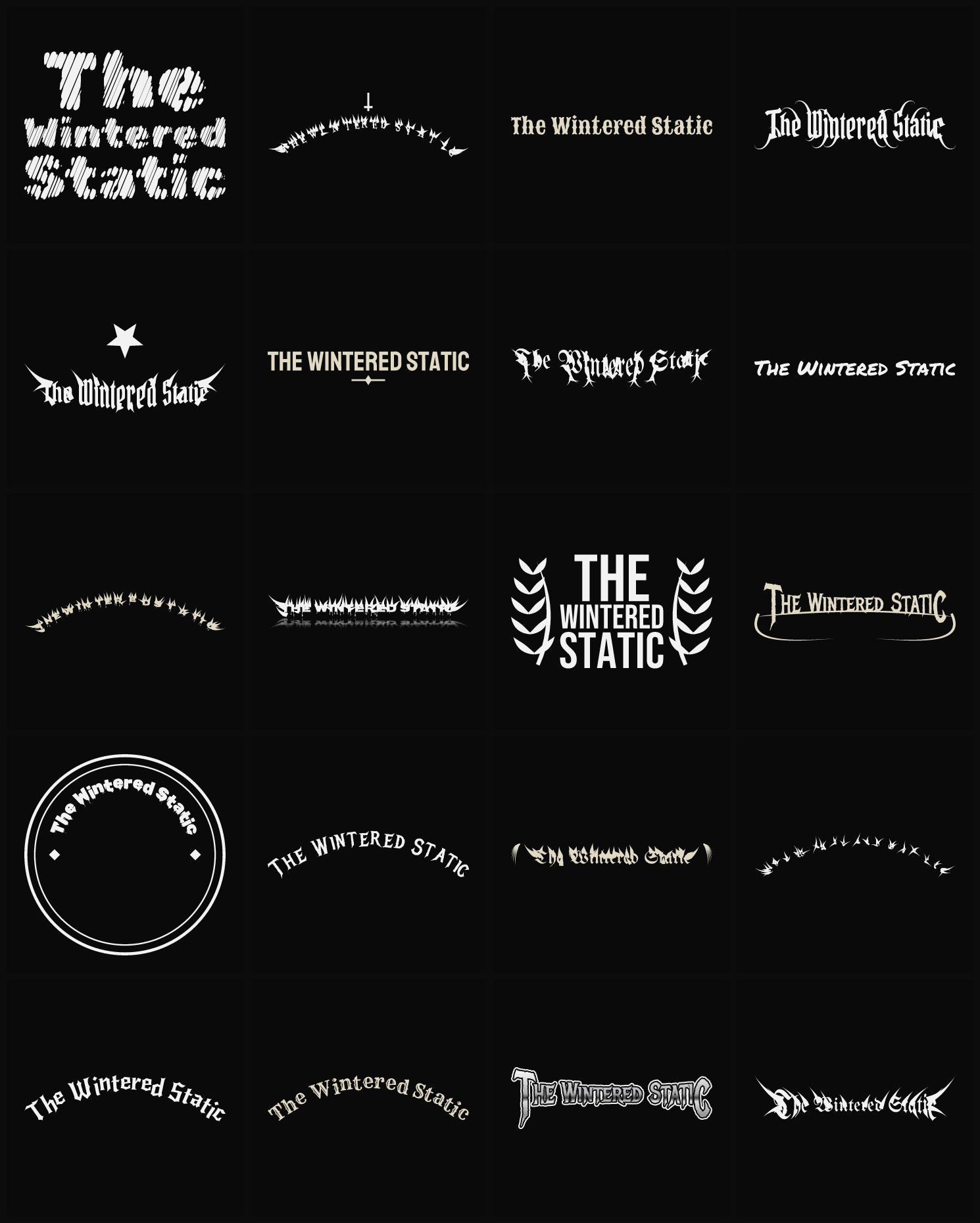 Twenty The Wintered Static band logo ideas — different faces, treatments and spike settings