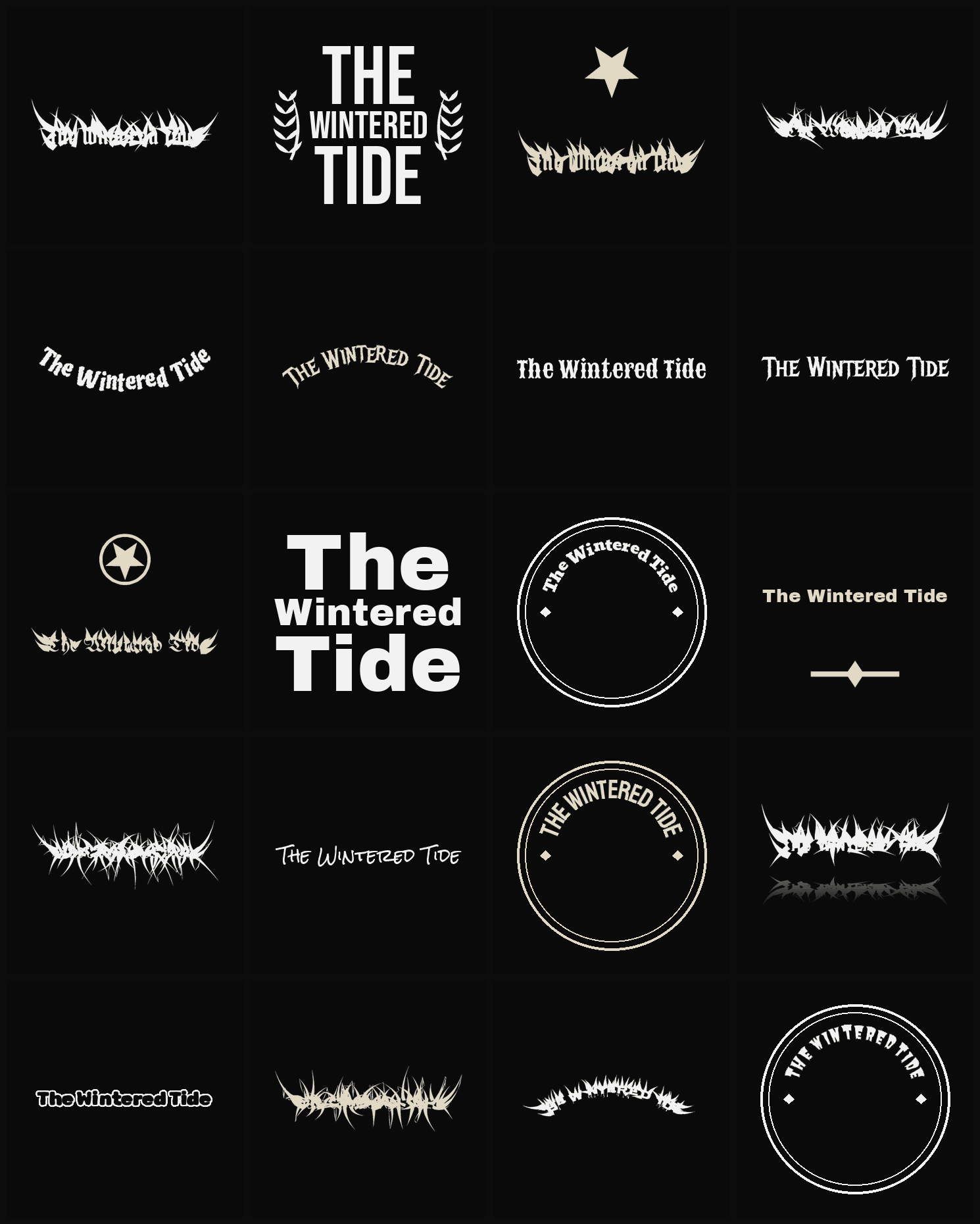 Twenty The Wintered Tide band logo ideas — different faces, treatments and spike settings