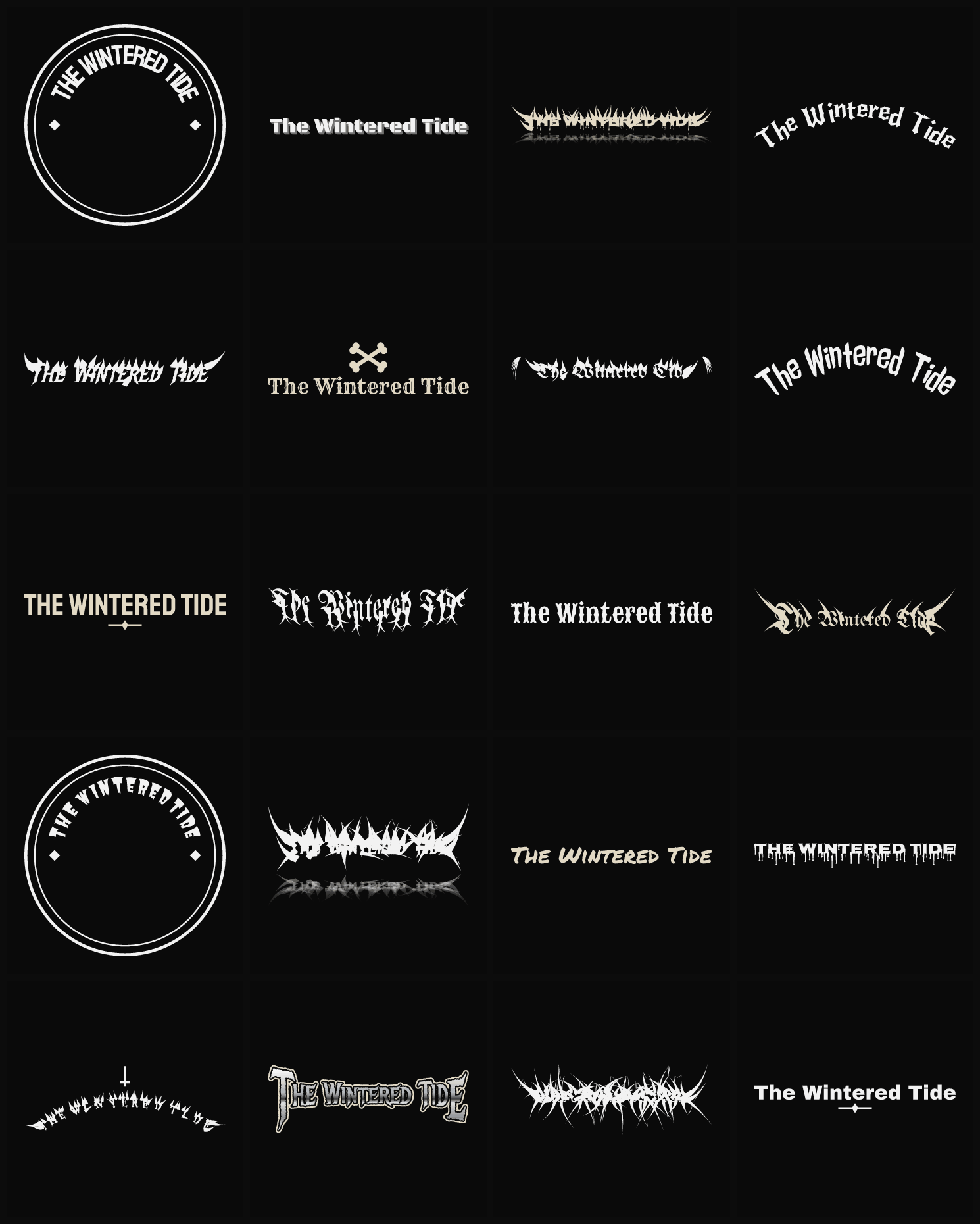 Twenty The Wintered Tide band logo ideas — different faces, treatments and spike settings