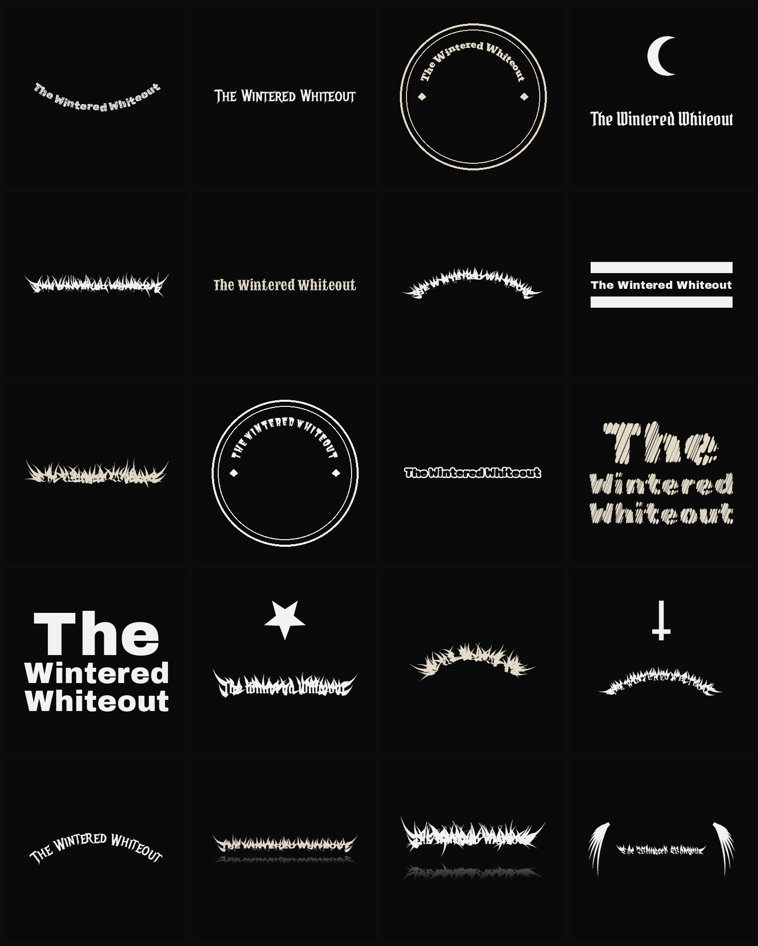 Twenty The Wintered Whiteout band logo ideas — different faces, treatments and spike settings