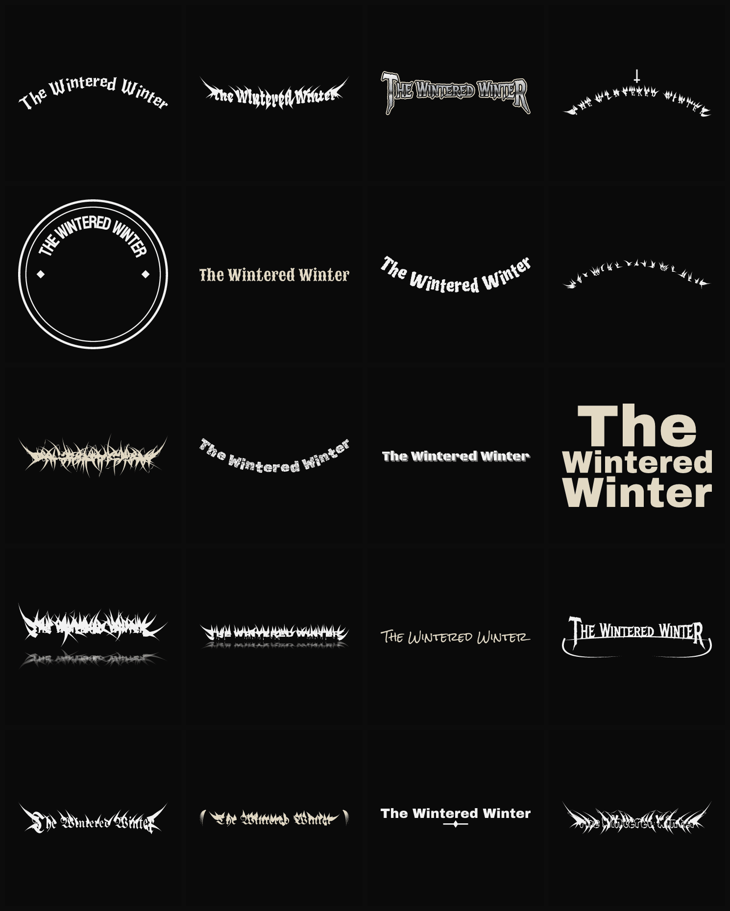 Twenty The Wintered Winter band logo ideas — different faces, treatments and spike settings