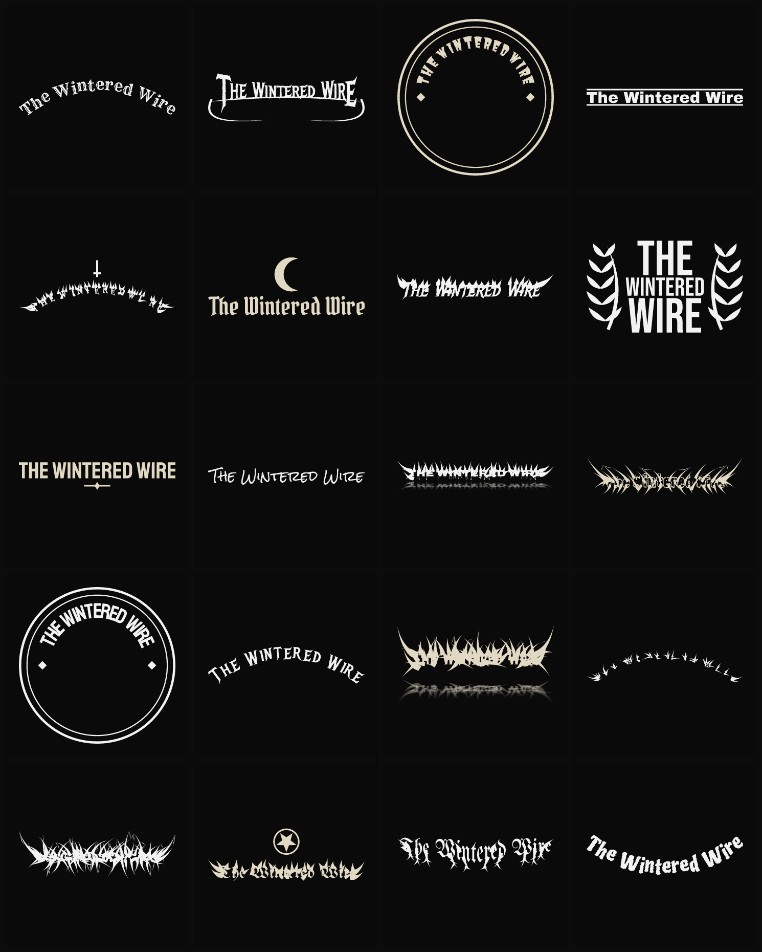 Twenty The Wintered Wire band logo ideas — different faces, treatments and spike settings