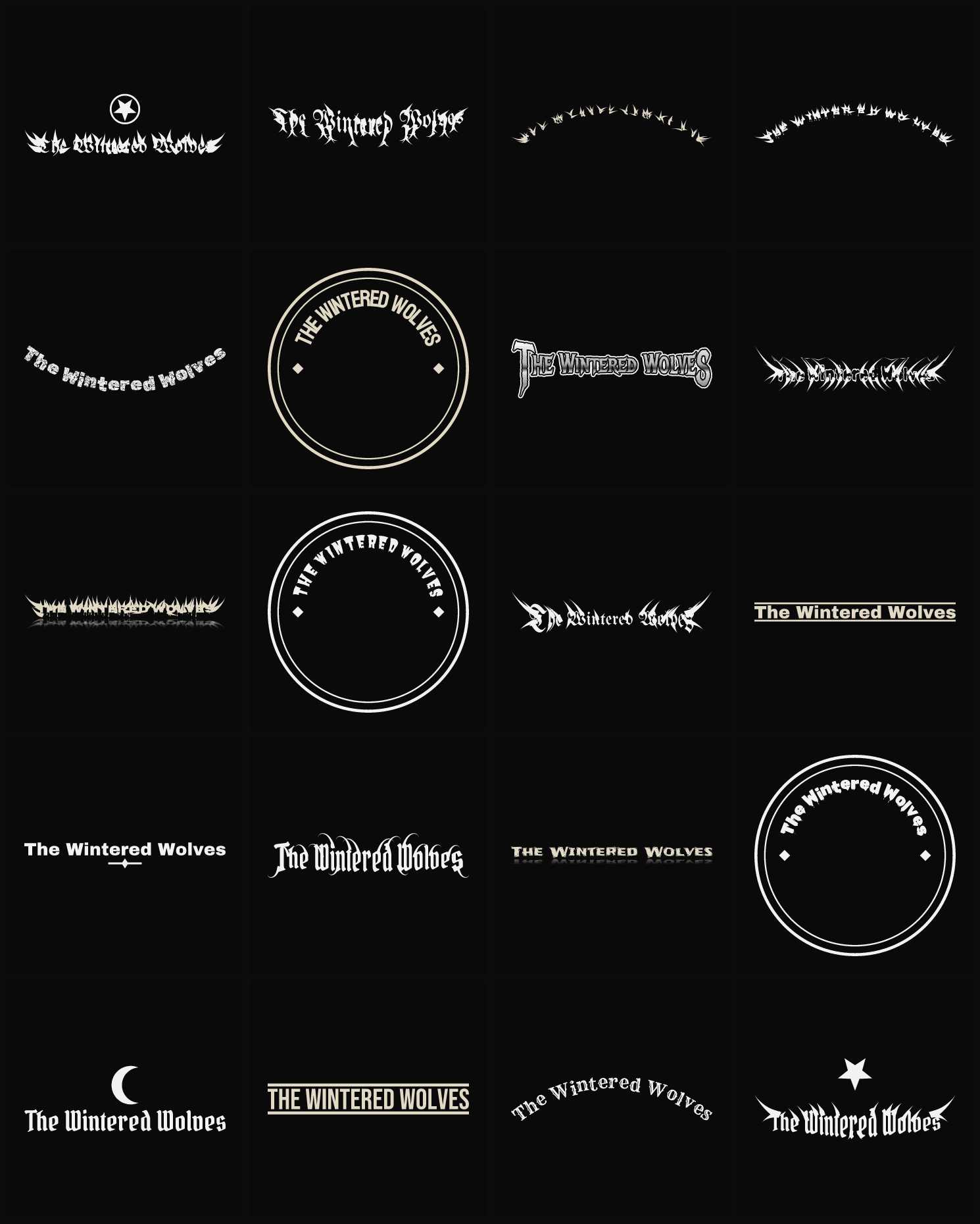 Twenty The Wintered Wolves band logo ideas — different faces, treatments and spike settings