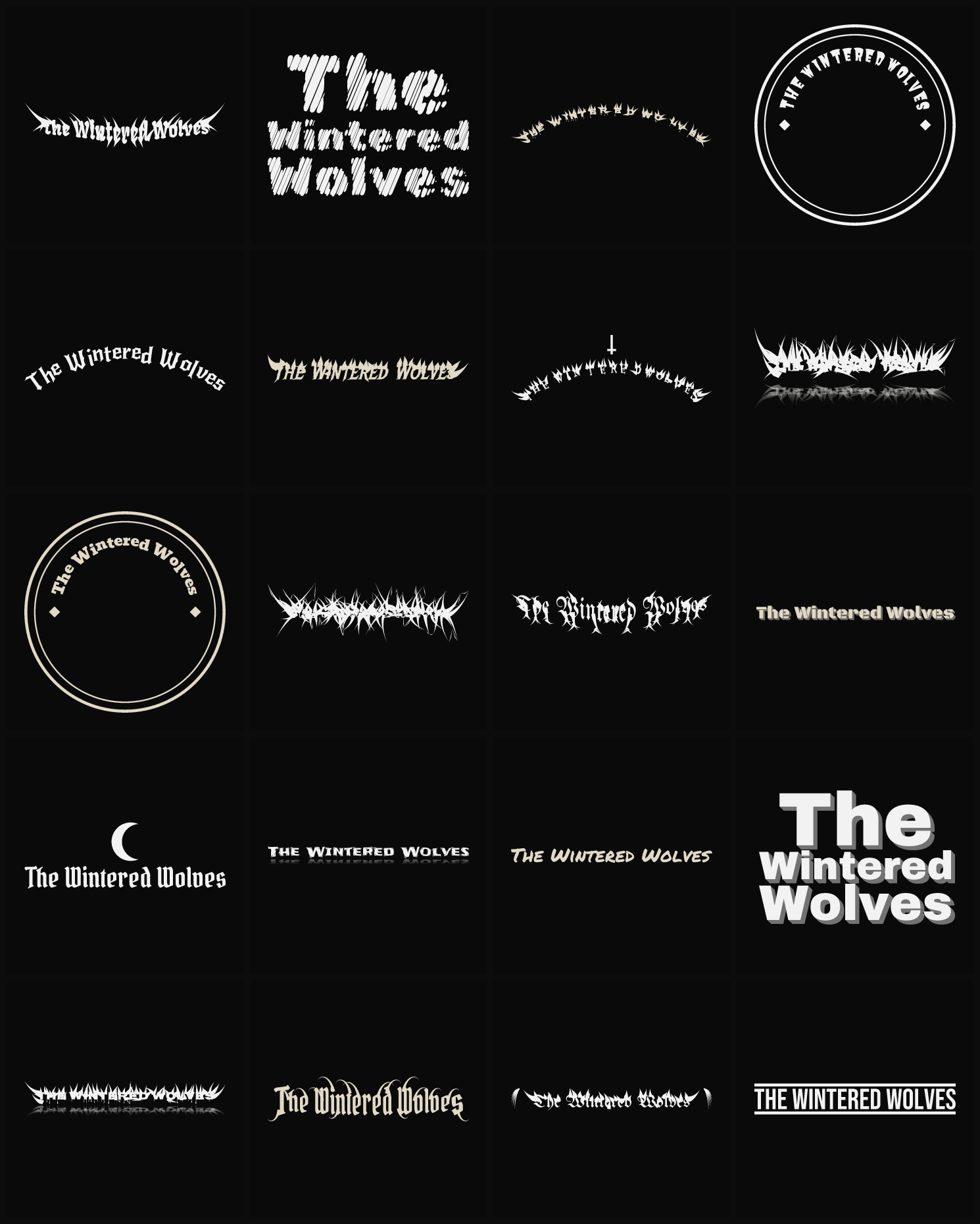 Twenty The Wintered Wolves band logo ideas — different faces, treatments and spike settings