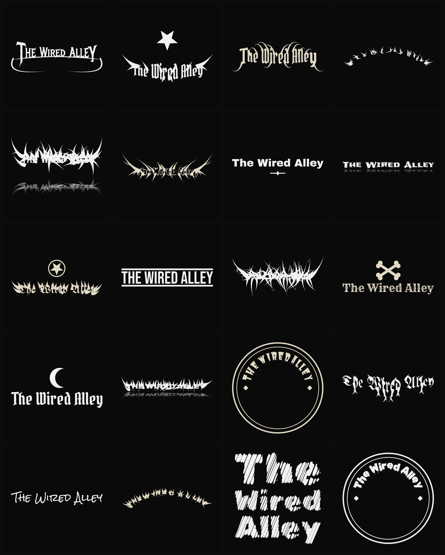 Twenty The Wired Alley band logo ideas — different faces, treatments and spike settings