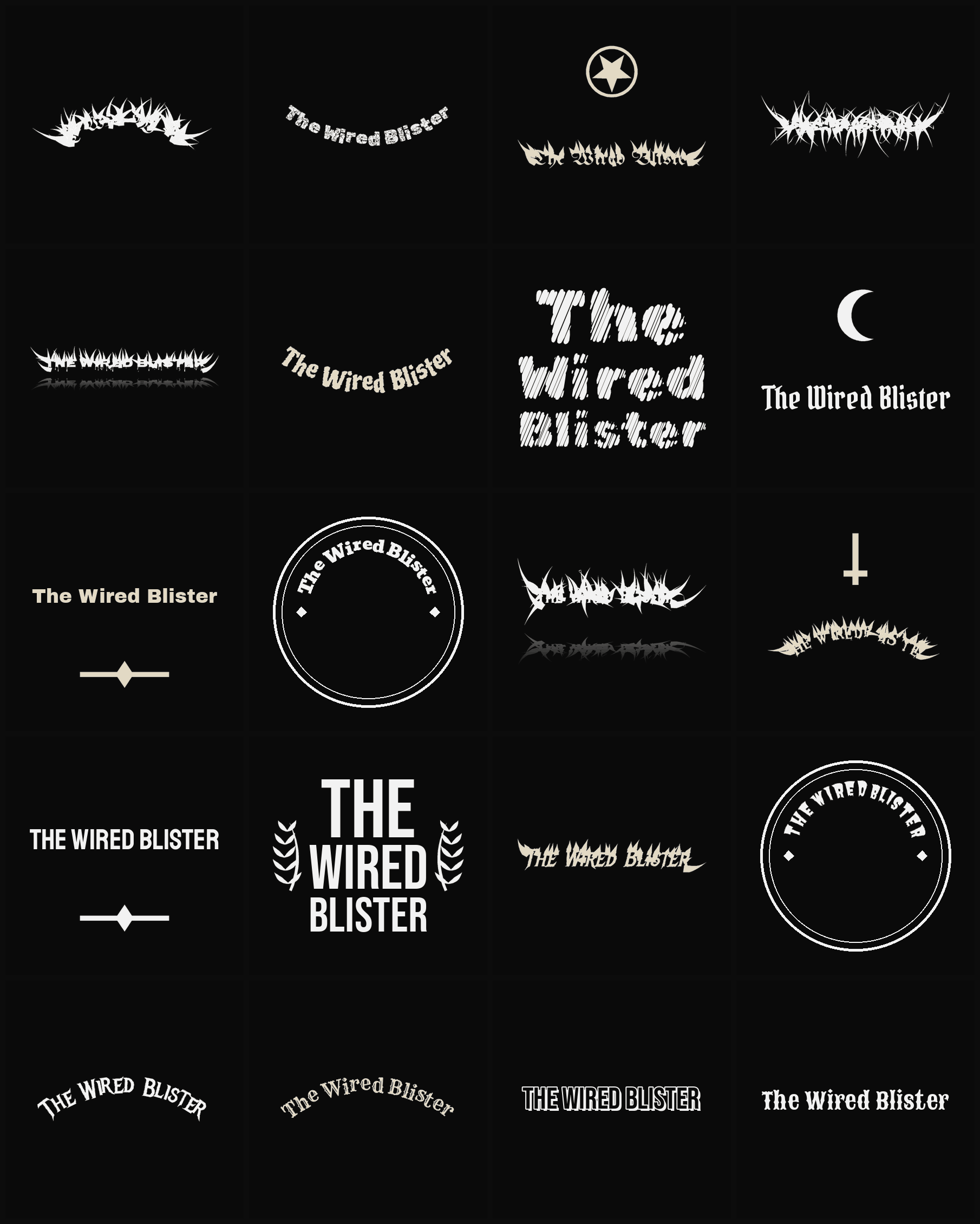 Twenty The Wired Blister band logo ideas — different faces, treatments and spike settings