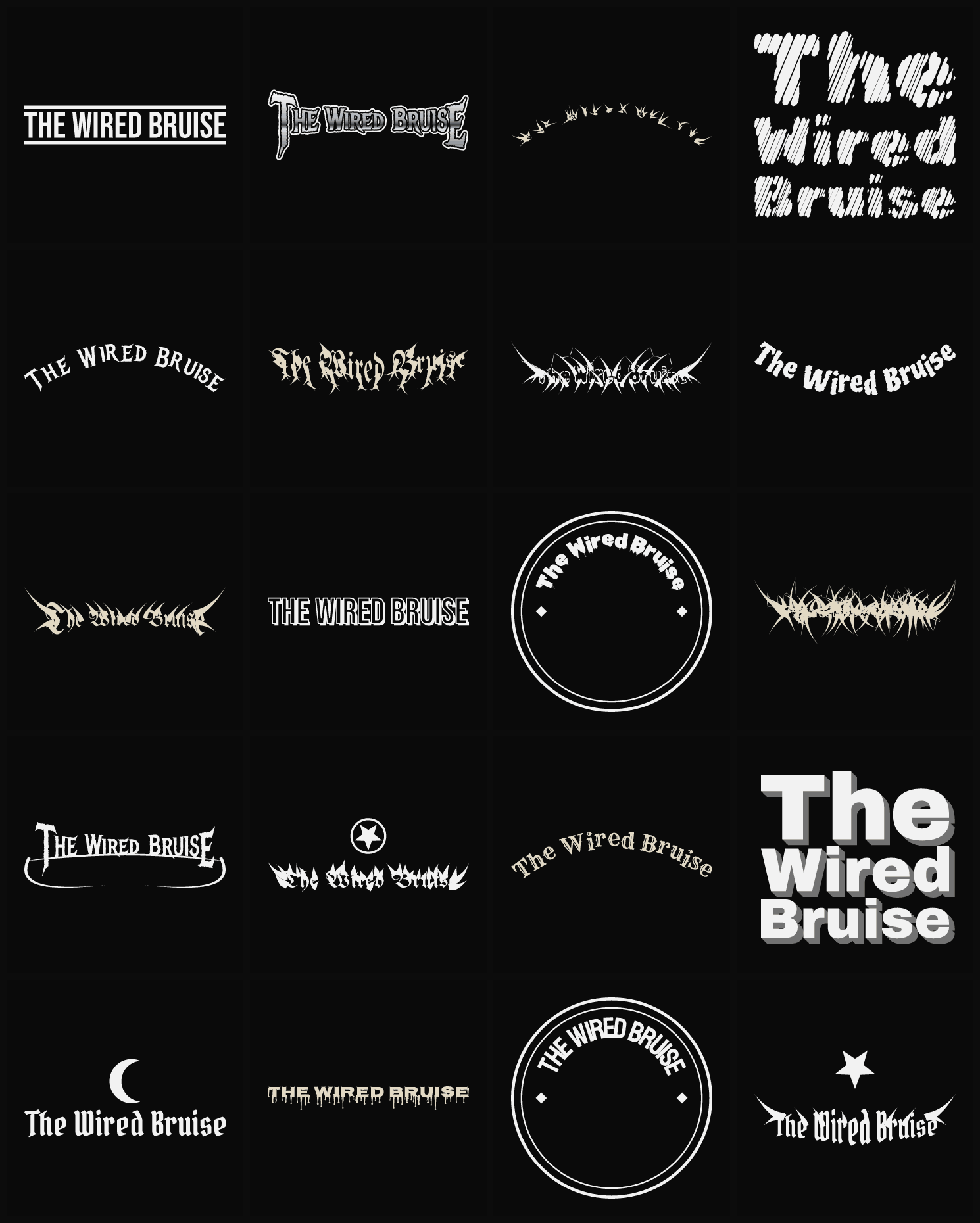 Twenty The Wired Bruise band logo ideas — different faces, treatments and spike settings