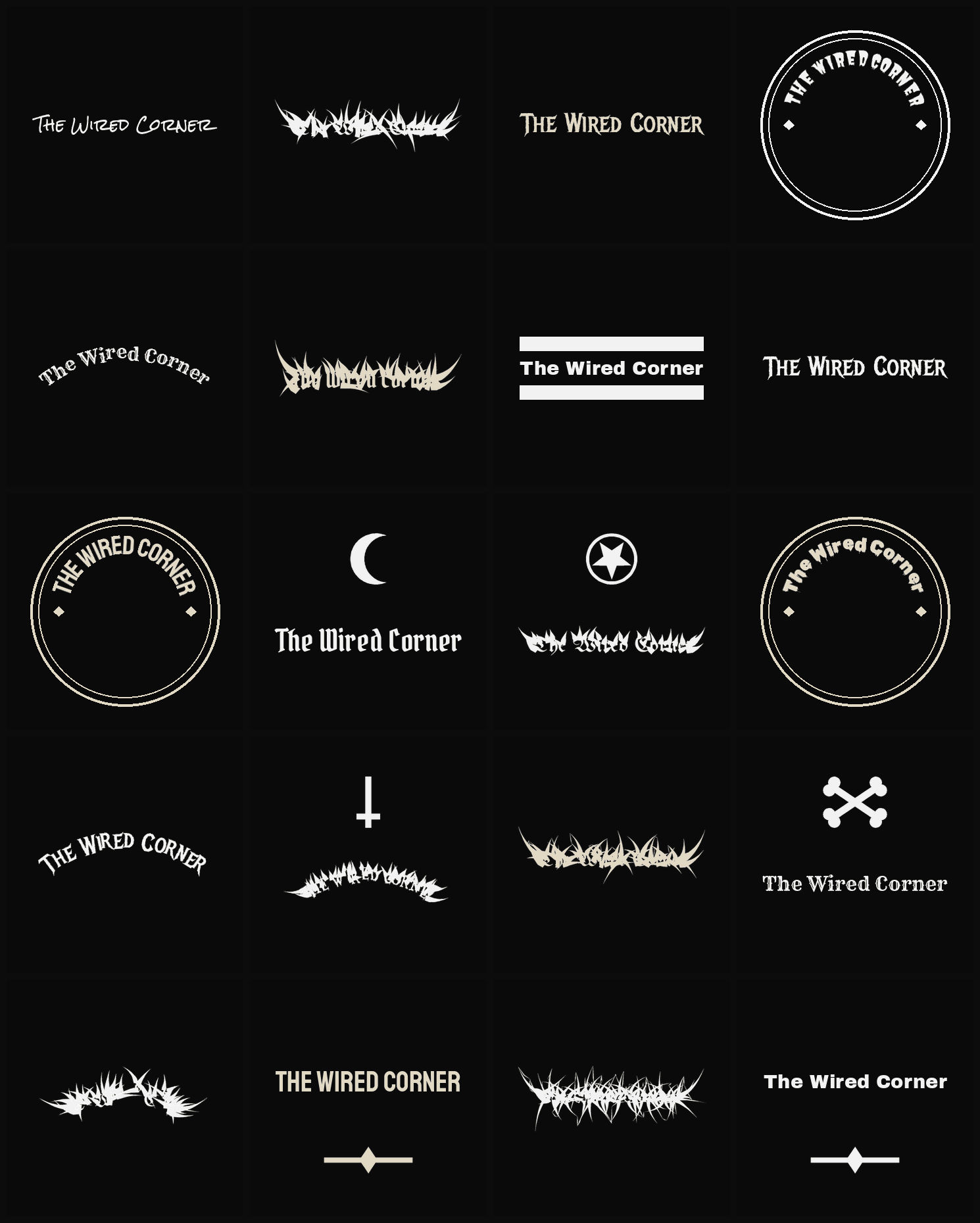 Twenty The Wired Corner band logo ideas — different faces, treatments and spike settings