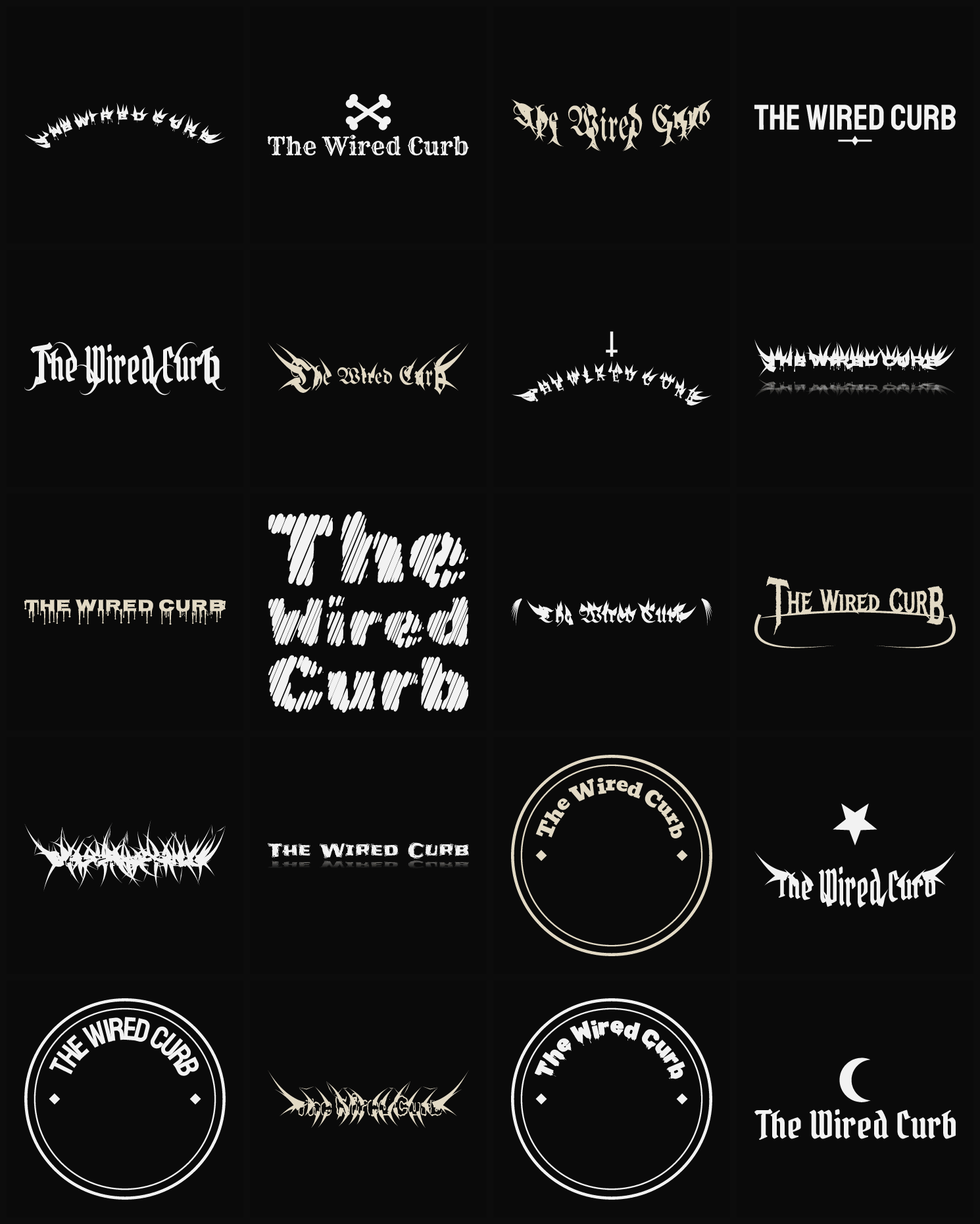 Twenty The Wired Curb band logo ideas — different faces, treatments and spike settings